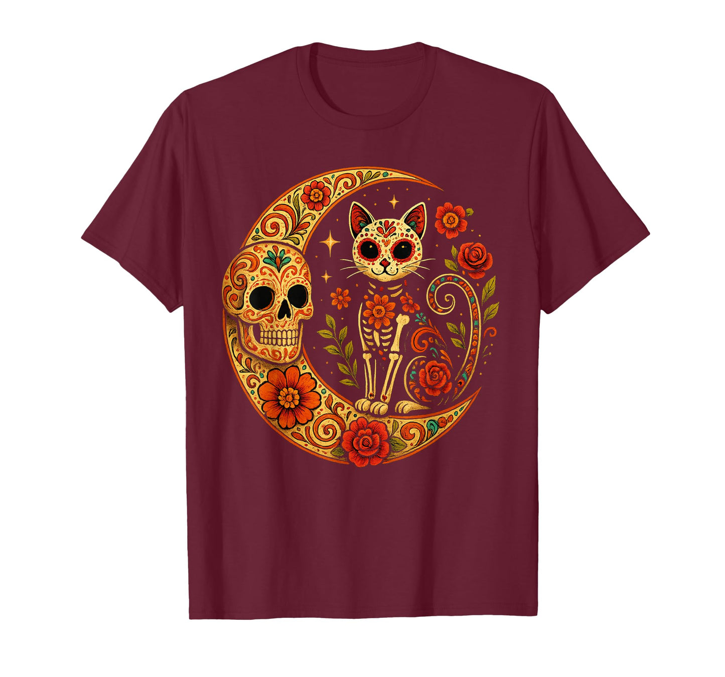 Sugar Skull Cat Moon Dia de Los Muertos Funny Halloween Cat T-Shirt