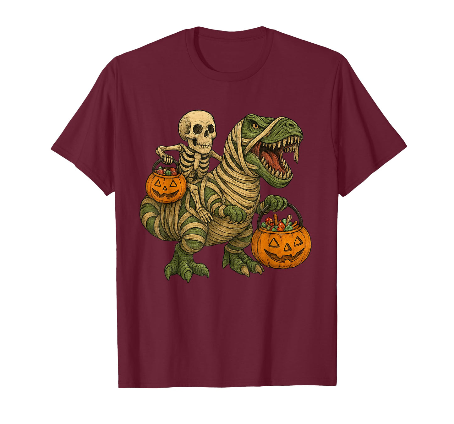 Skeleton Riding Mummy Dinosaur T Rex Halloween Funny Pumpkin T-Shirt