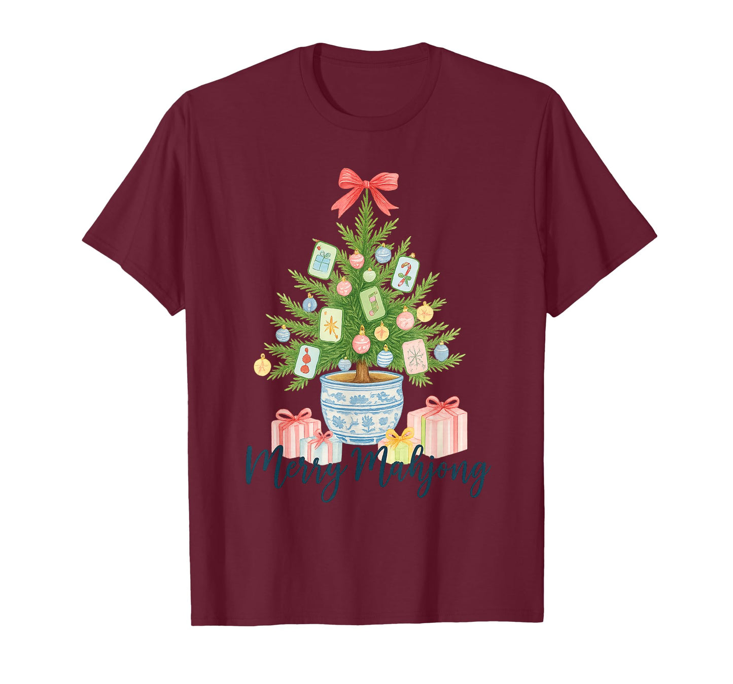 Merry Mahjong Christmas Tree Chinoiserie Holiday T-Shirt