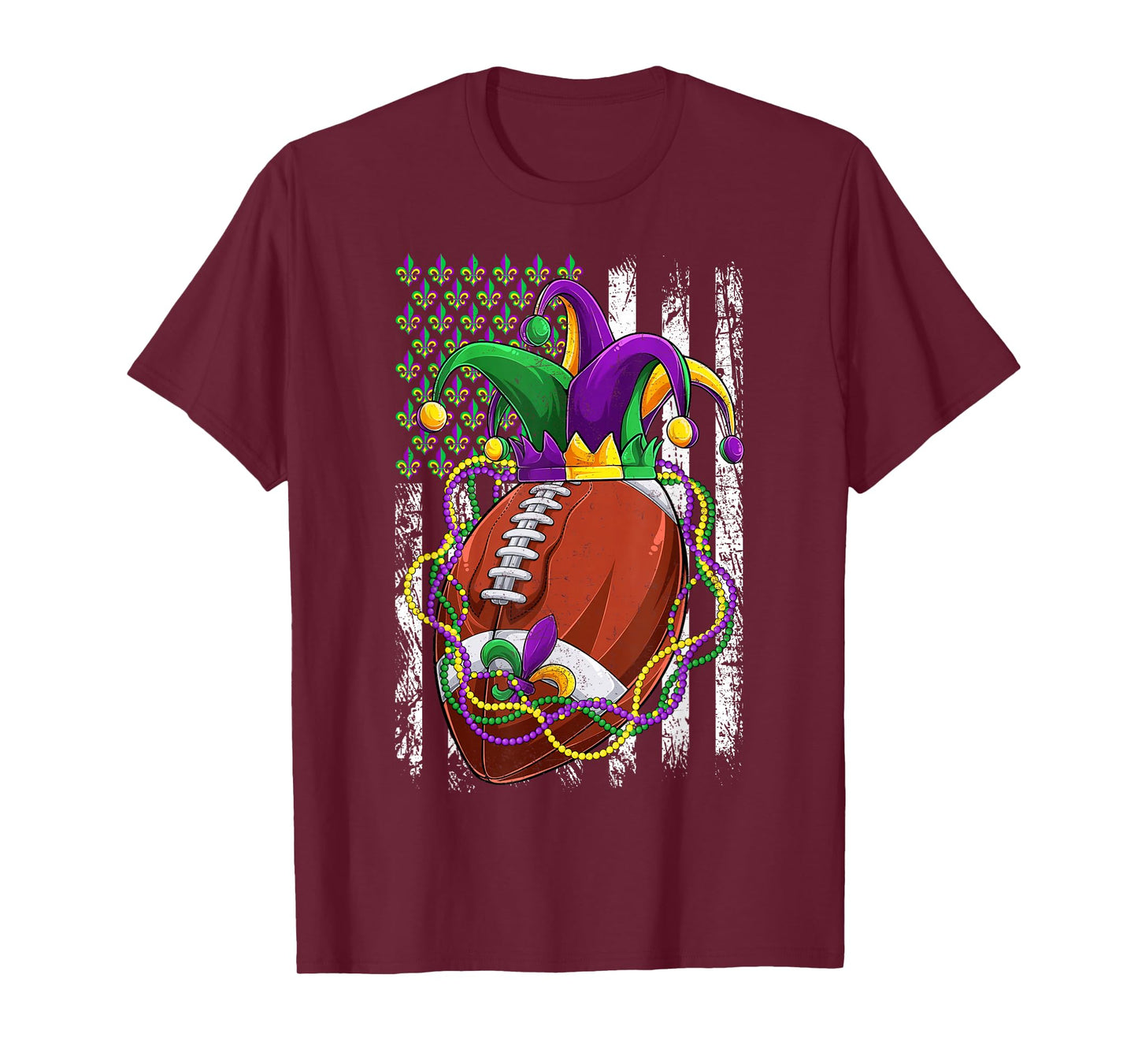 Funny Football With Jester Hat & Beads USA Flag Mardi Gras T-Shirt