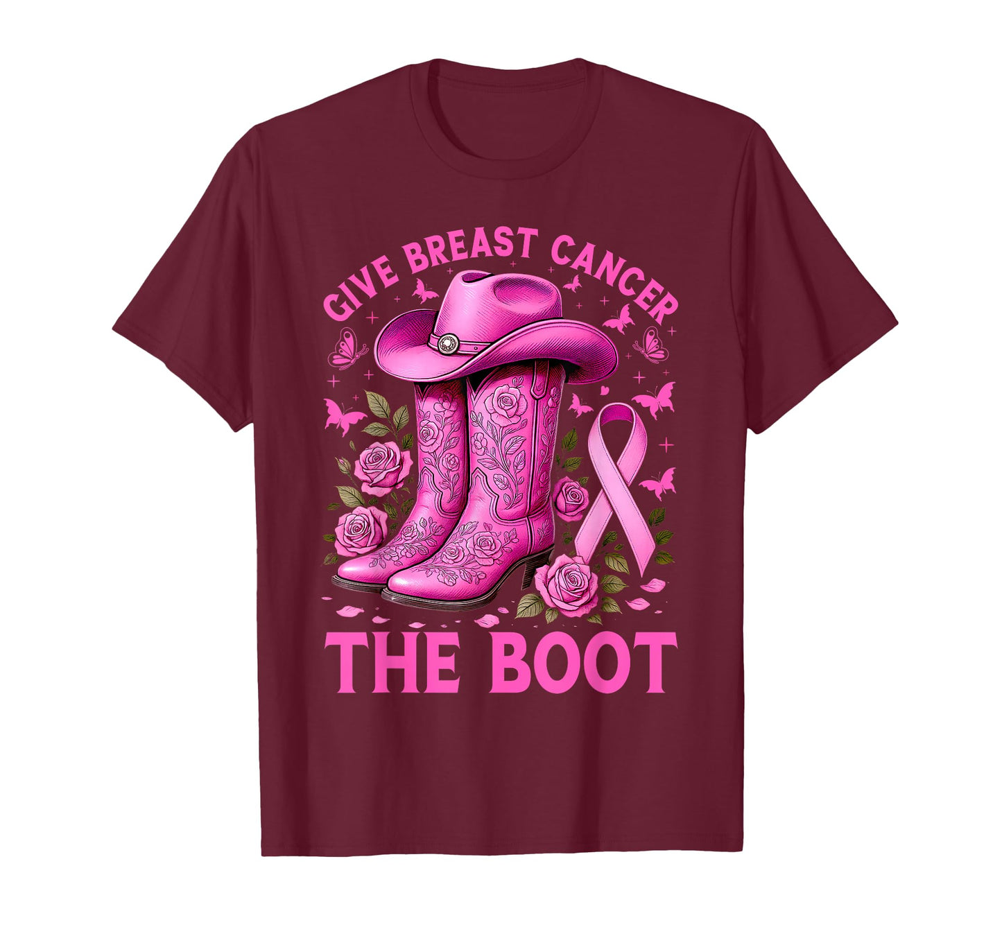 Give Breast Cancer The Boot Cowgirl Cancer Awareness Ribbon T-Shirt