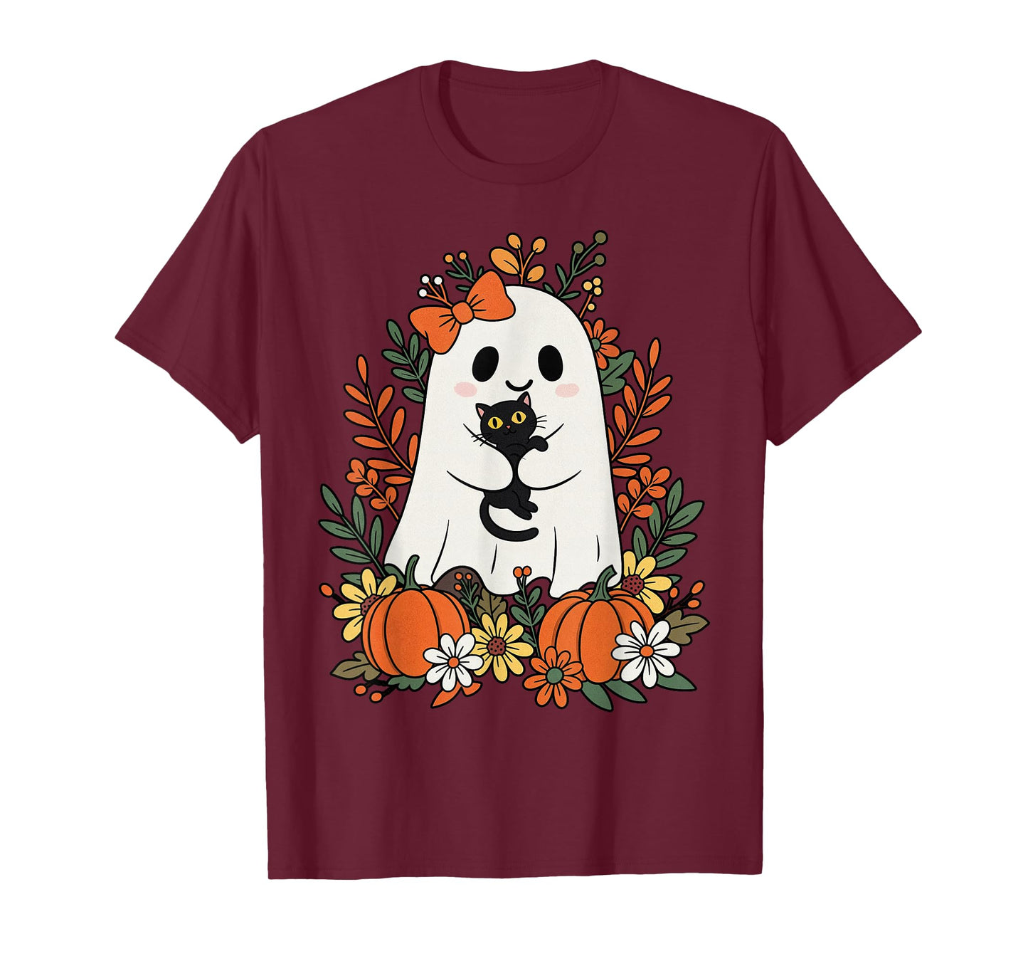 Vintage Cute Ghost with Black Cat and Pumpkins Halloween T-Shirt