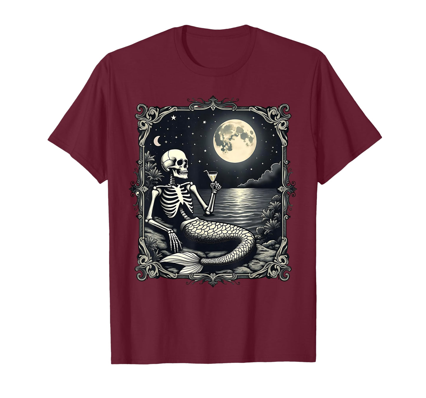 Funny Skeleton Mermaid at Full Moon Cool Mermaid Graphic T-Shirt