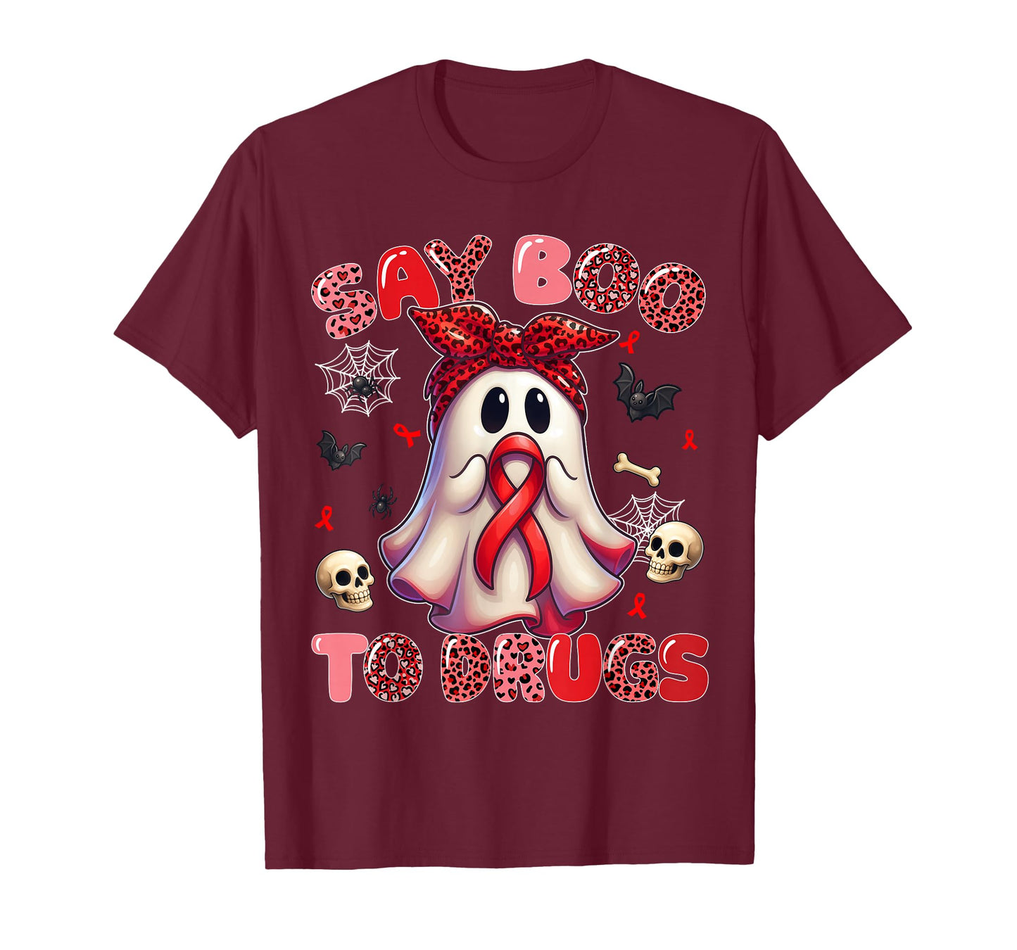 Say Boo to Drugs Leopard Red Ribbon Week Awareness Women T-Shirt
