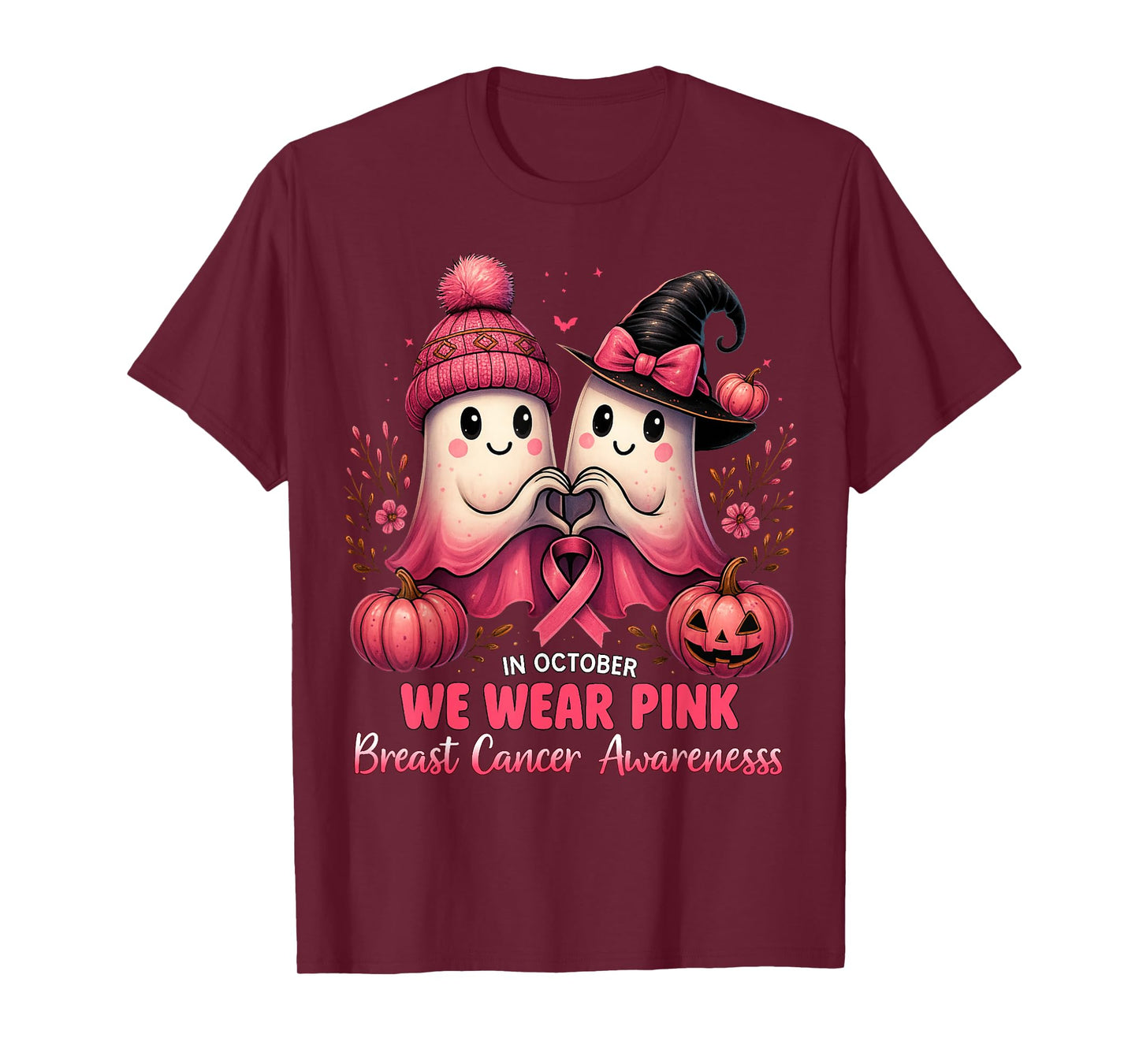 in October We Wear Pink Ghosts Breast Cancer Awareness T-Shirt