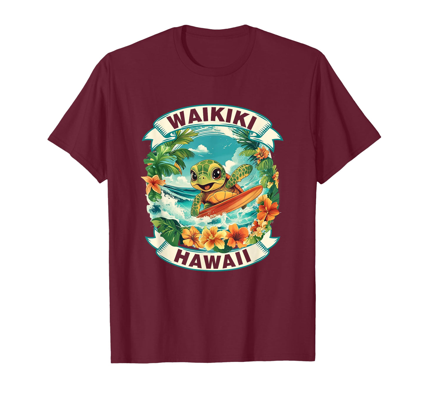 Waikiki Hawaii Cute Sea Turtle Surfing Summer Vacation T-Shirt