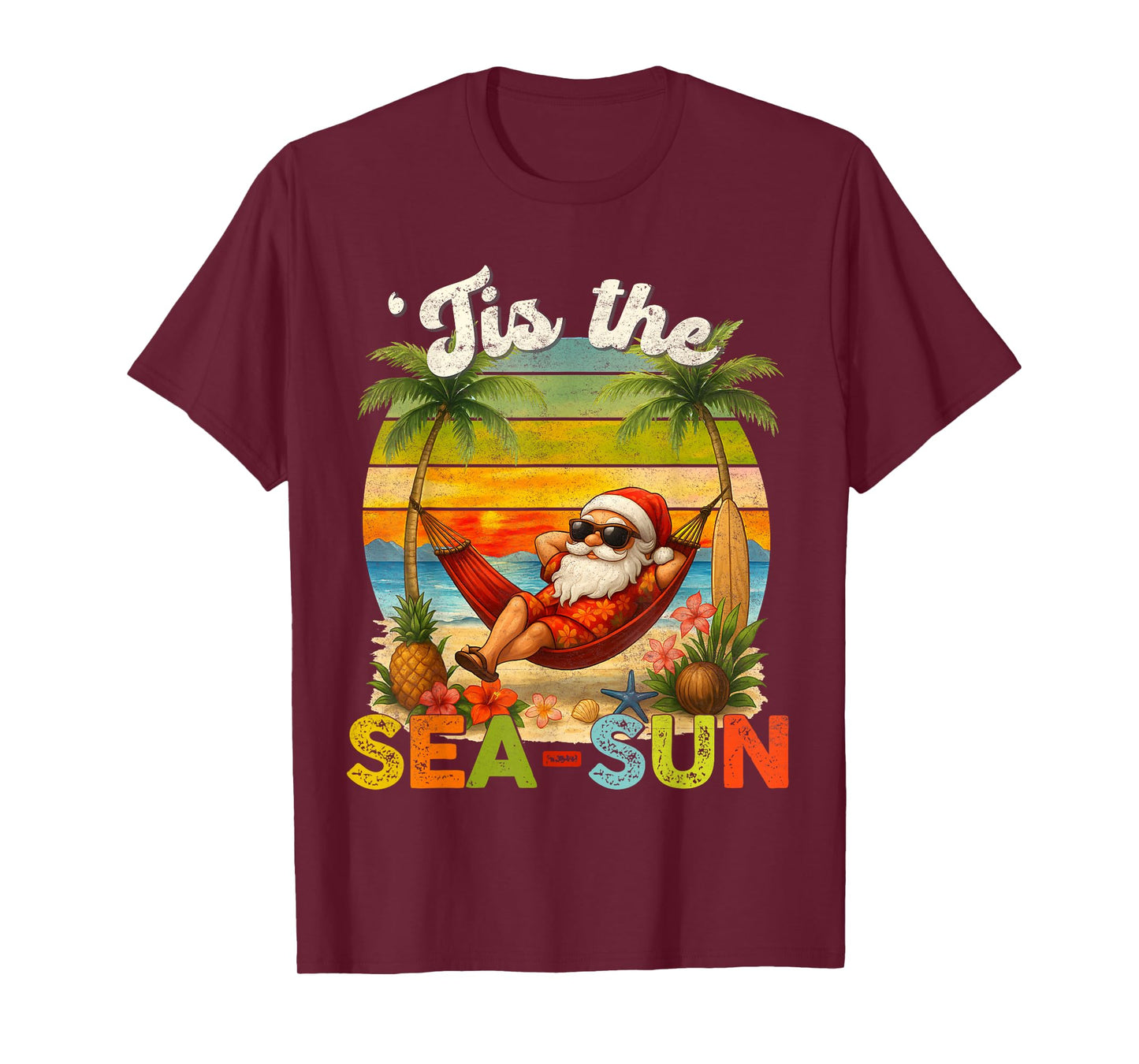 Tis The Sea-Sun Funny Christmas In July Hawaii Santa Beach T-Shirt