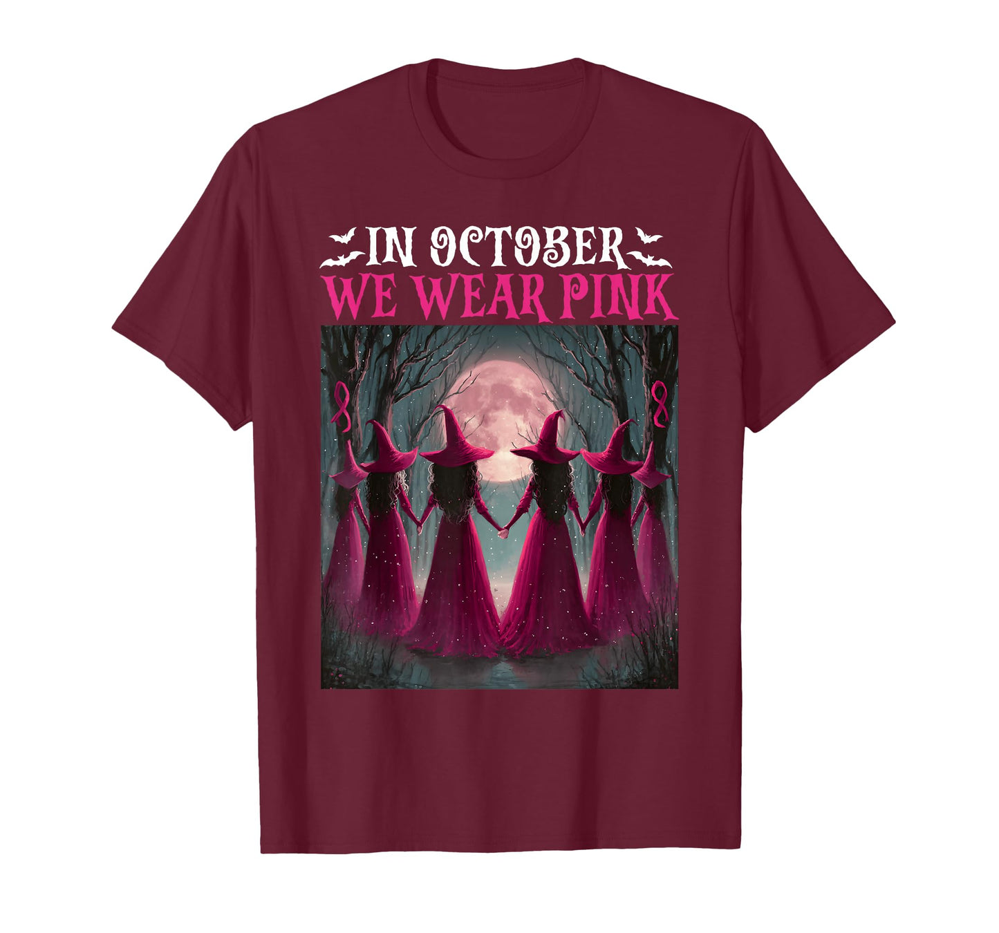 in October We Wear Pink Witch Women Halloween Breast Cancer T-Shirt