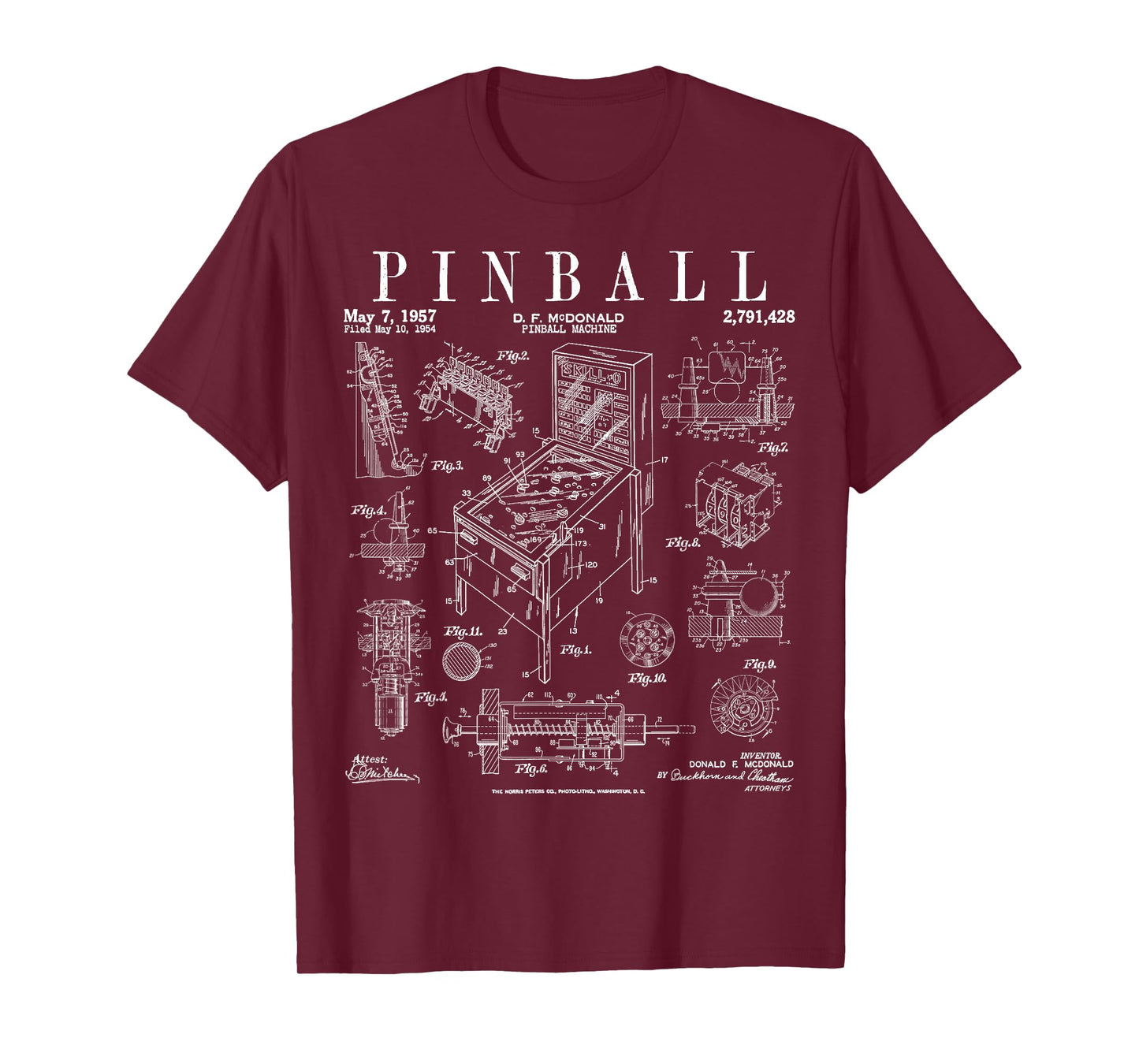 Pinball Arcade Gaming Machine Vintage Gamer Patent Print T-Shirt