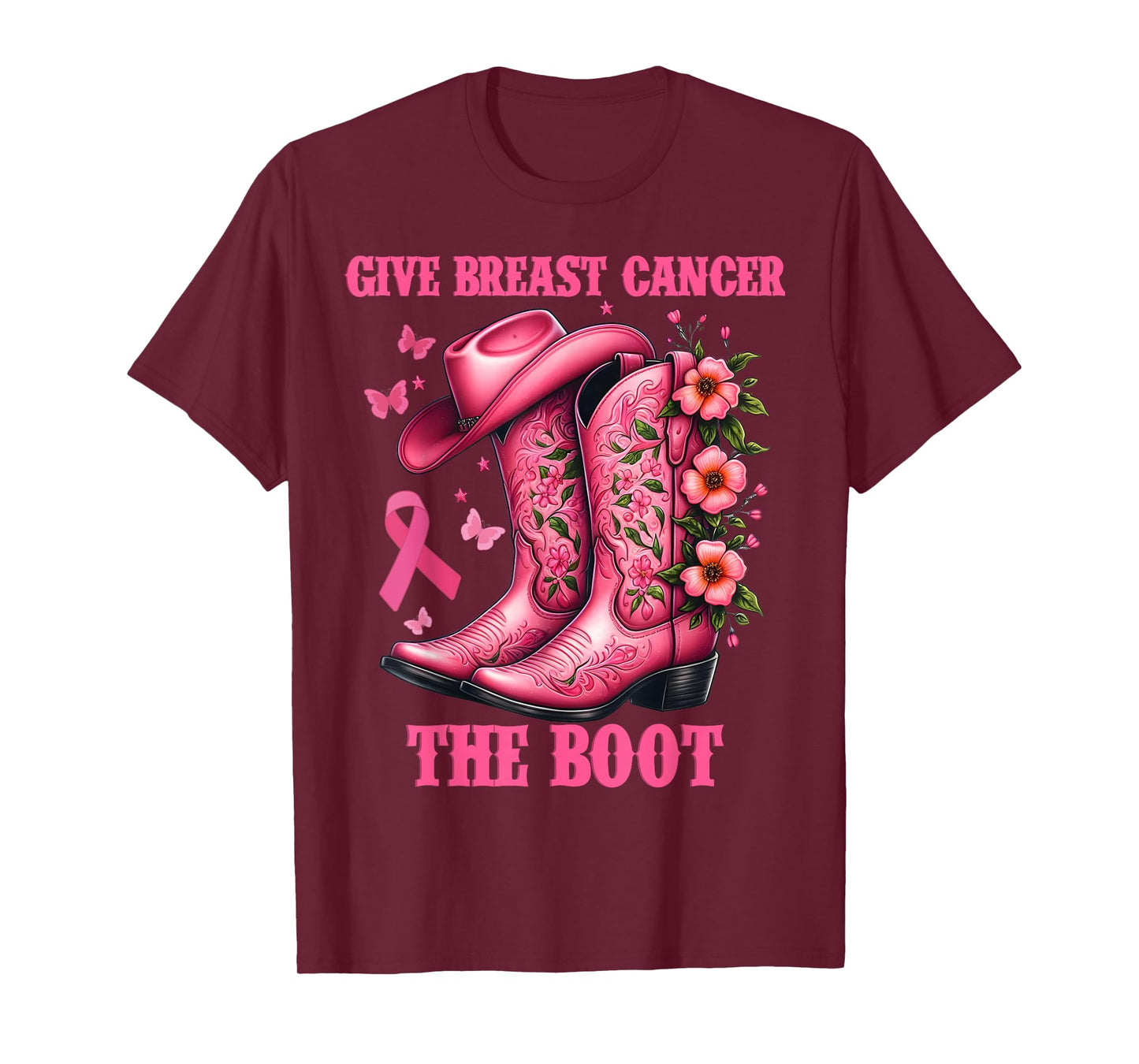 Give Breast Cancer The Boot Cowgirl Cancer Awareness Ribbon T-Shirt