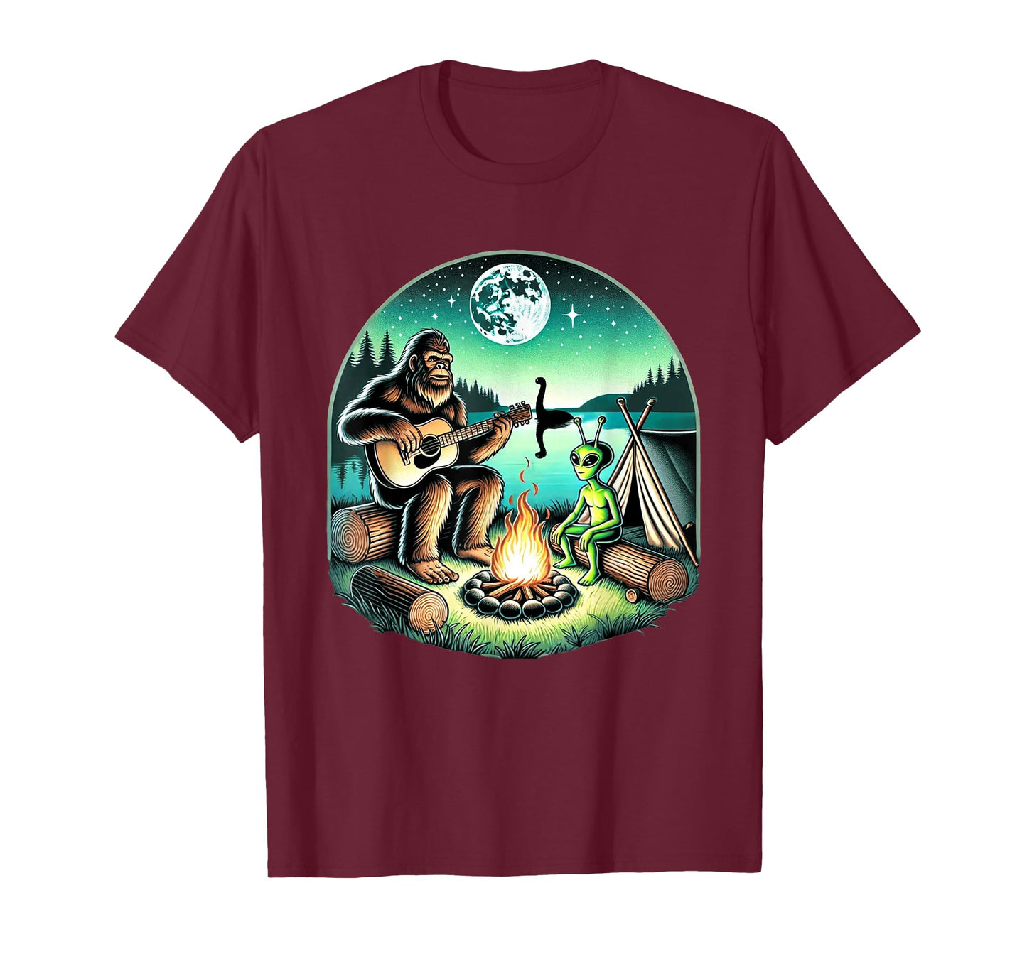 Alien and Bigfoot Loch Ness Campfire Sasquatch T-Shirt