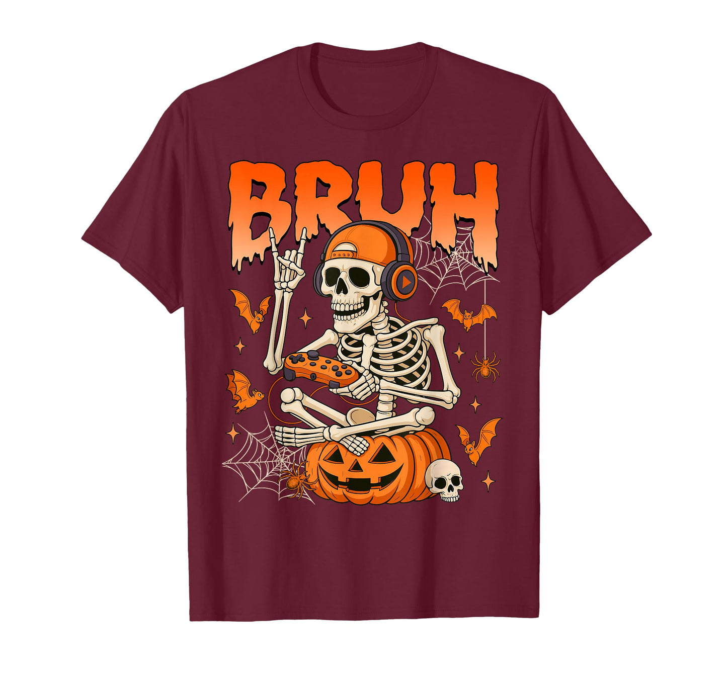 Bruh Halloween Boys Kids Gamer Mens Skeleton Video Gaming T-Shirt
