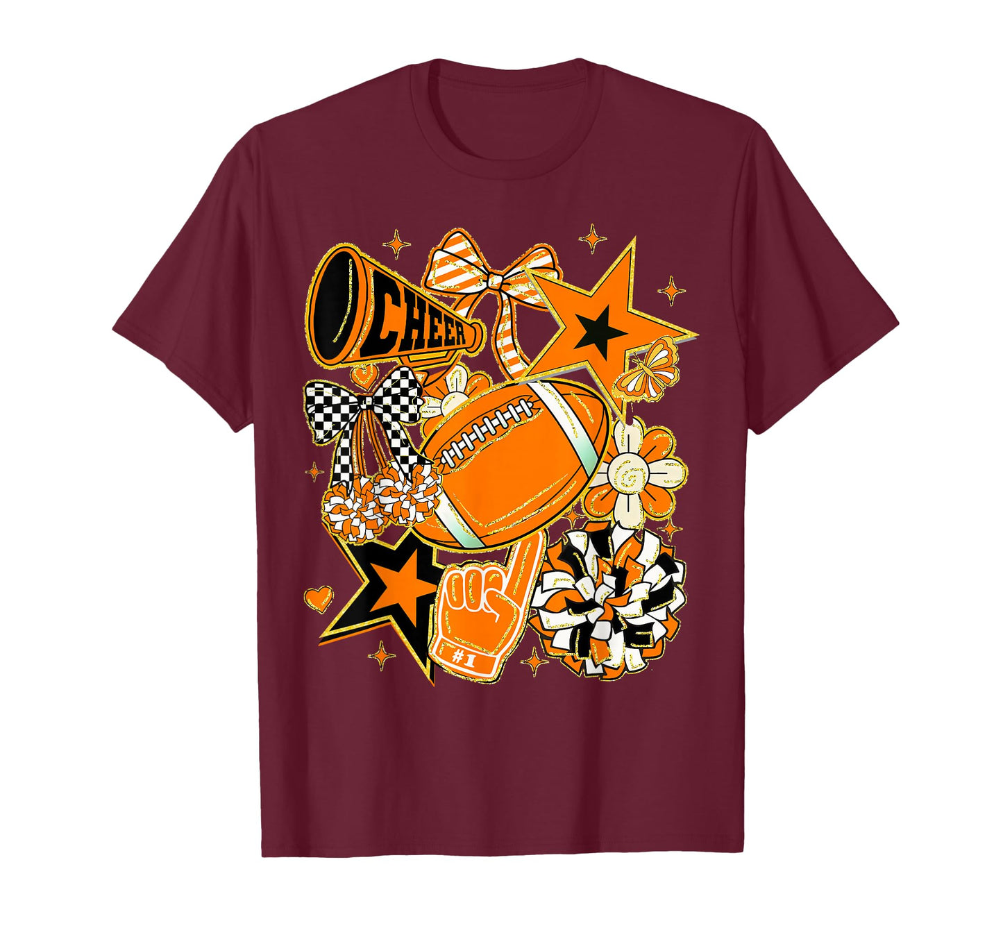 Coquette Bow Football Orange Black Game Cheer Mom Touchdown T-Shirt
