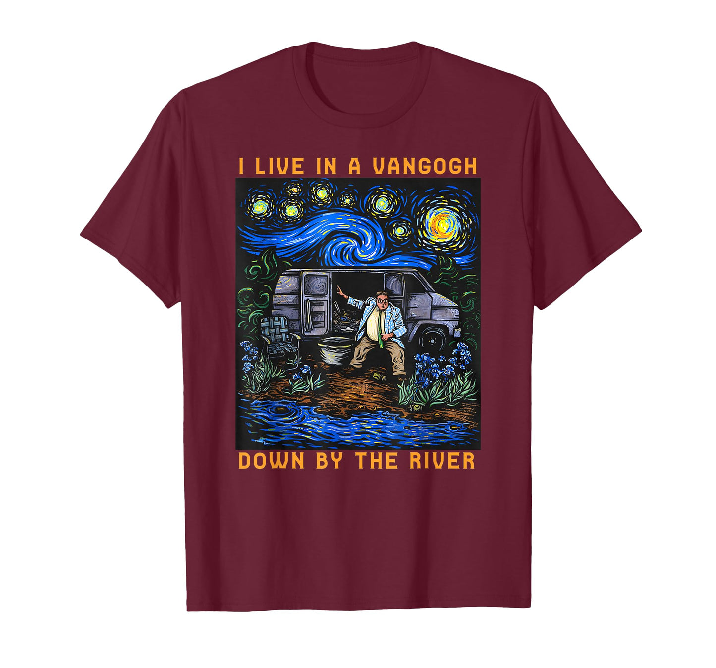 River Beautiful Day I Live In A Van-Gogh Down Black Cotton 100% Classic Fit Crew Collar Short Sleeve Unisex-Adults Small T-Shirt