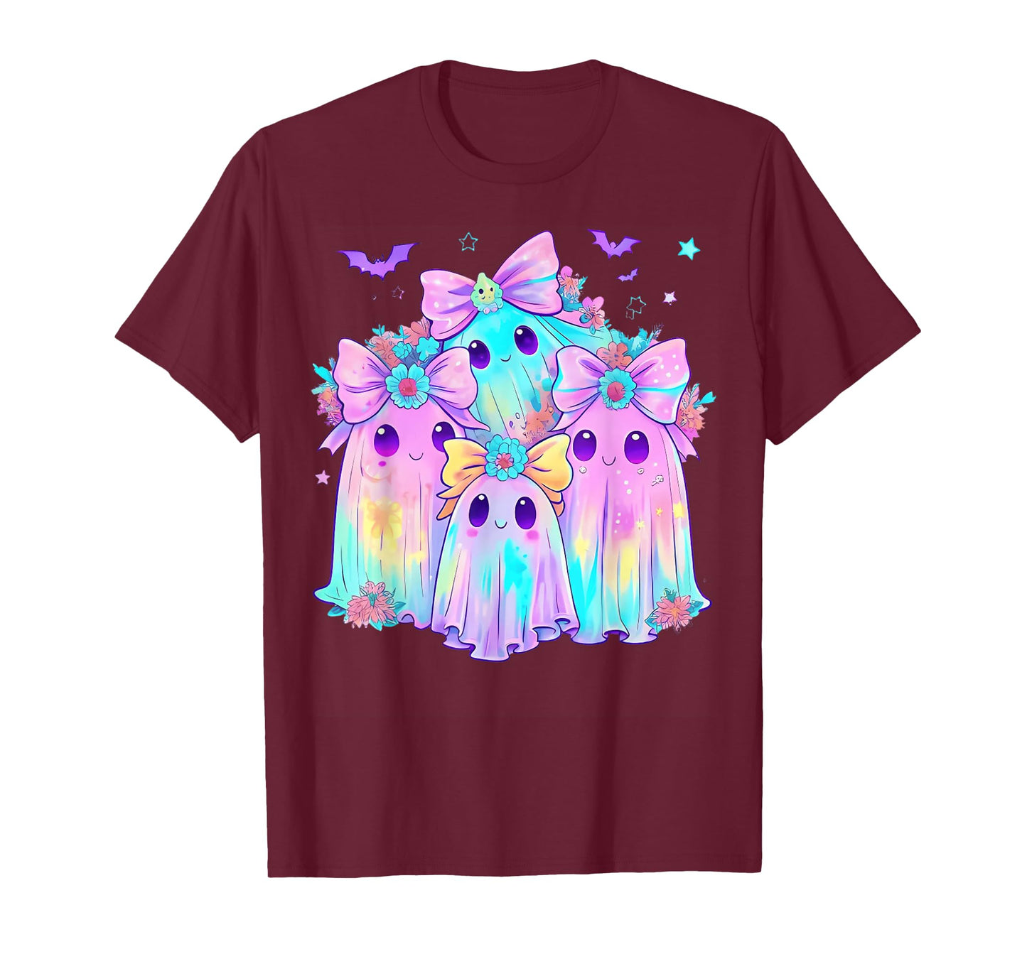 Preppy Coquette Cute Boo Ghost with Bow Halloween Flowers T-Shirt