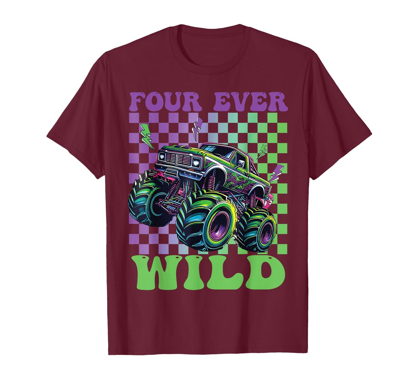 Funny Four Ever Wild 4th Birthday Kids Monster Truck T-Shirt