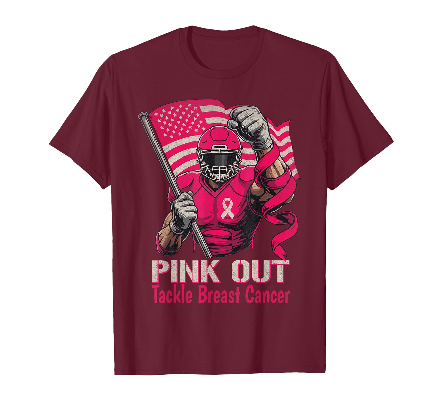 Pink Out Tackle Breast Cancer Football American Flag Ribbon T-Shirt