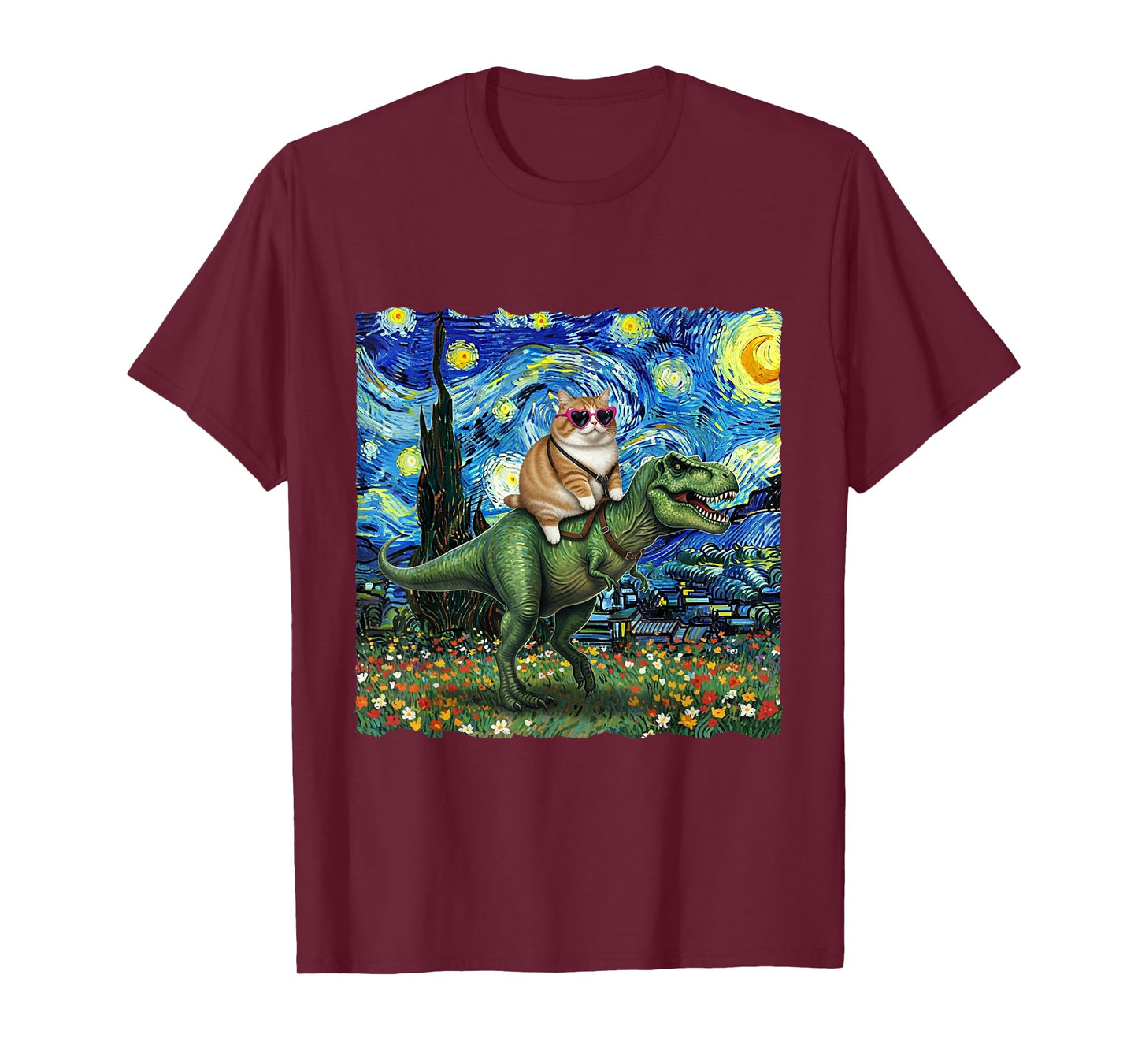 Cat Riding Dinosaur T-Rex Starry Night Van Gogh Cat Lover T-Shirt