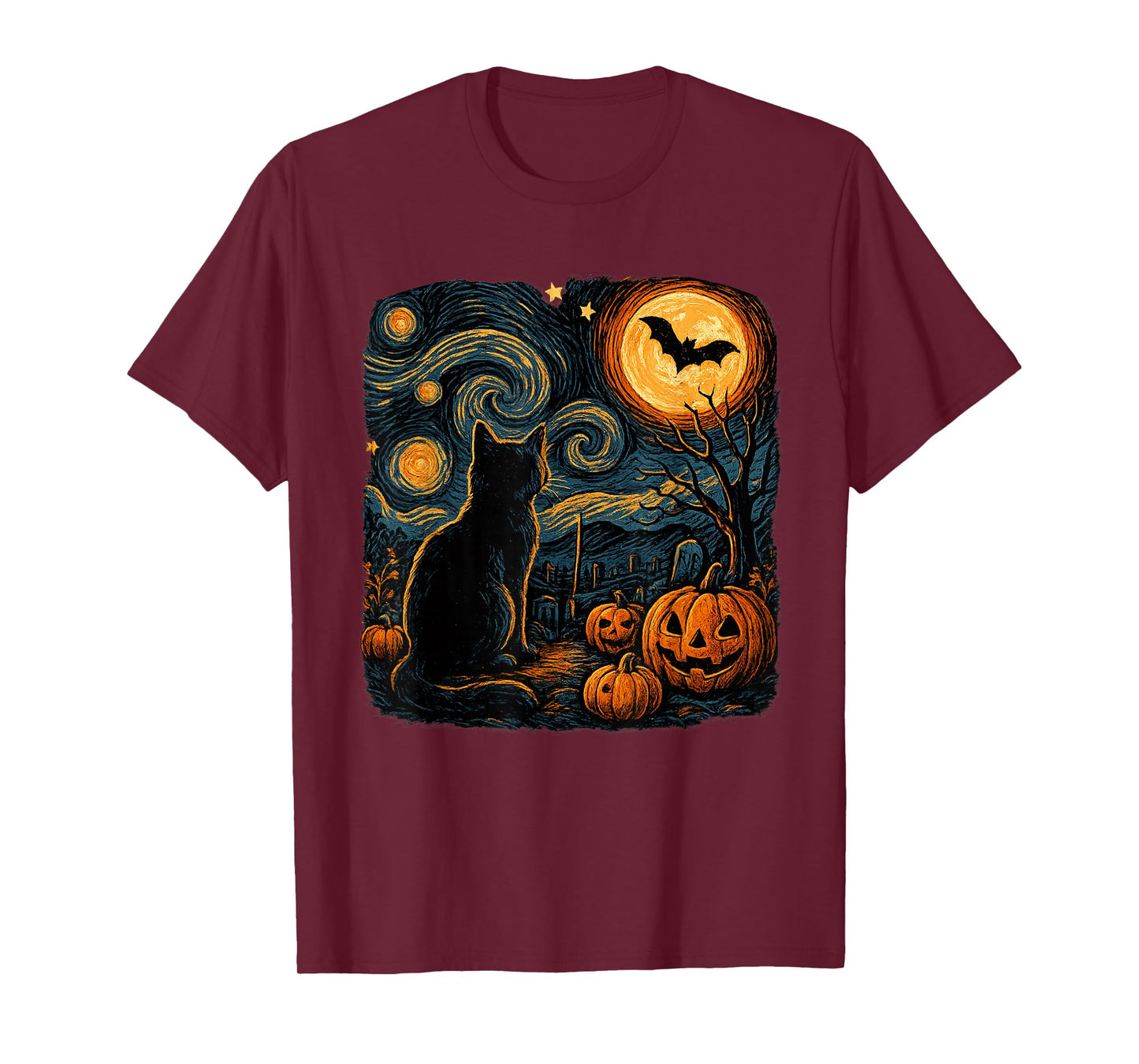 Halloween Black Cat Van Gogh Starry Night Cat Lovers Cat T-Shirt