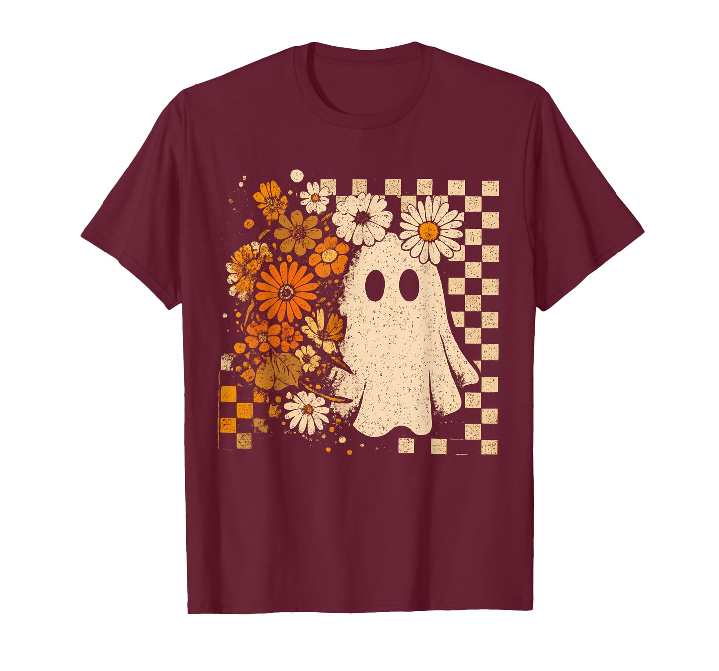 Retro Floral Ghost Checkered Autumn Halloween Women Kids T-Shirt