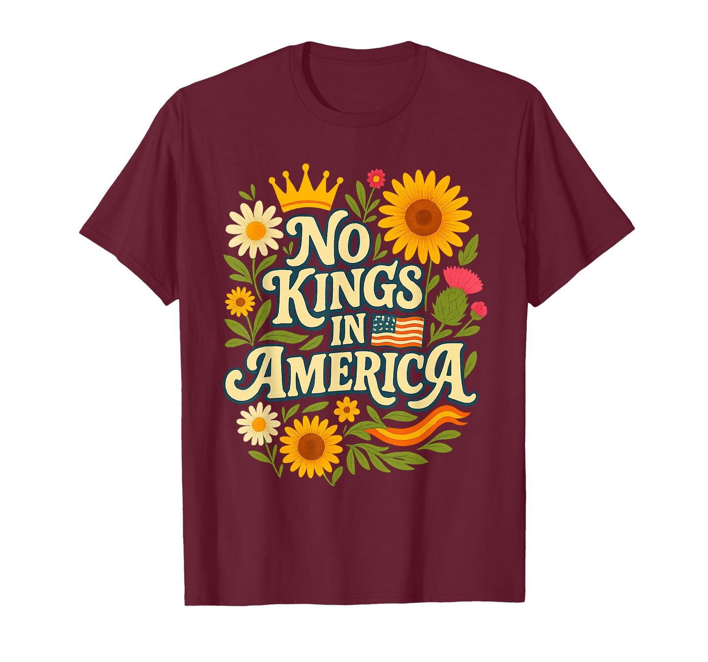 No Kings Retro Patriotic Flower Womens T-Shirt