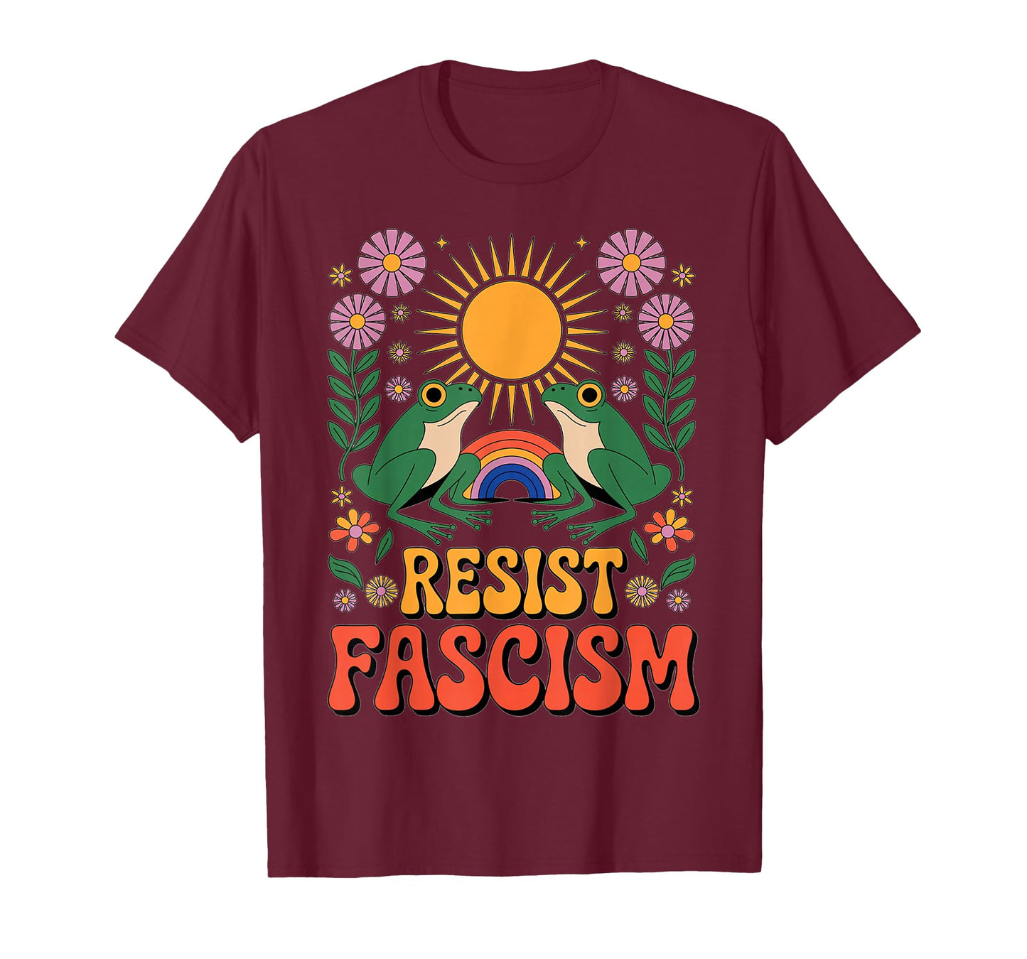 Frog Resist Fascism Retro Groovy Rainbow No Kings Hippie T-Shirt