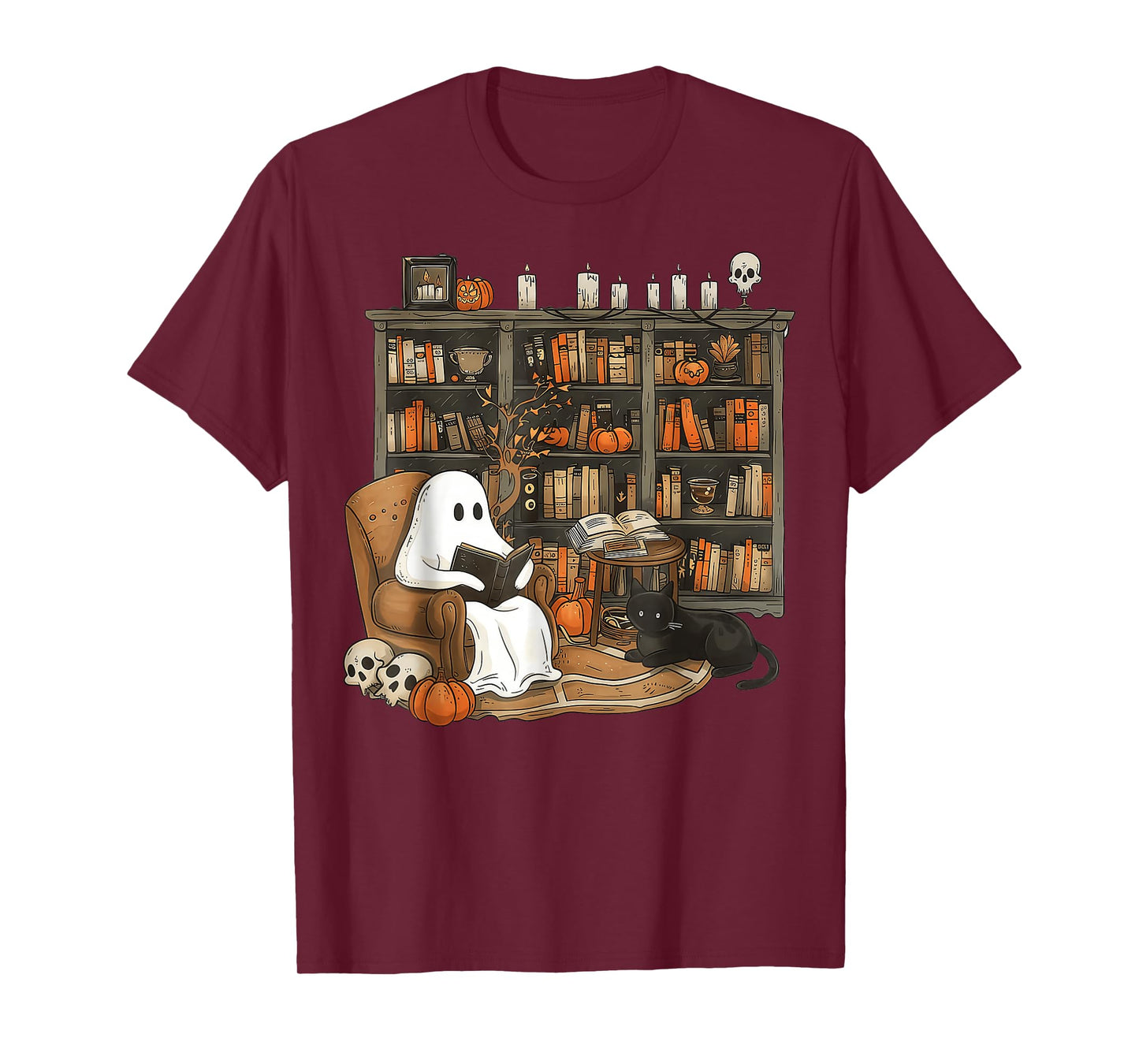 Retro Ghost Reading Books cat, Librarian Ghost Halloween T-Shirt