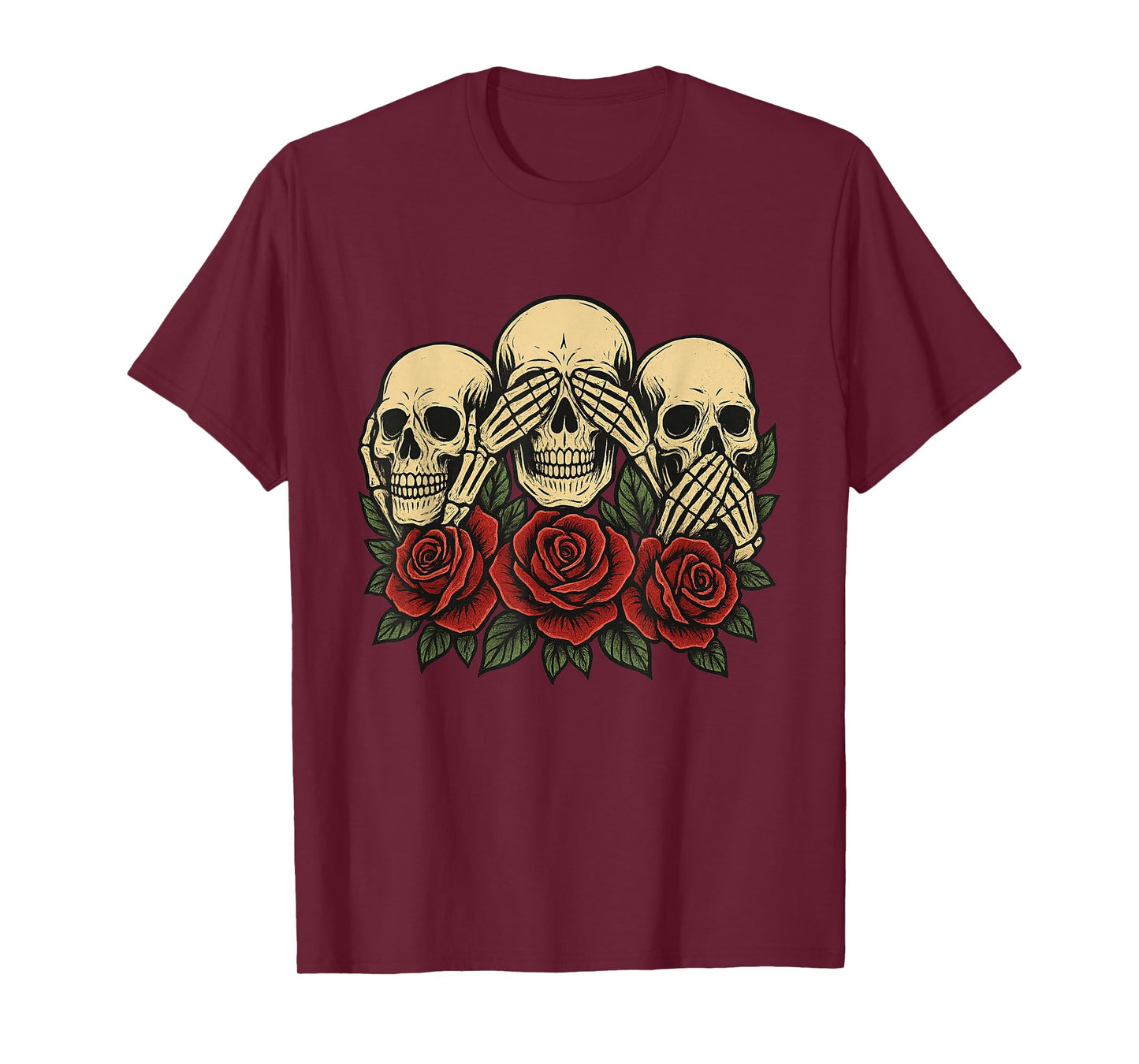 See No Evil Hear No Evil Speak No Evil Skeleton Skull Roses T-Shirt