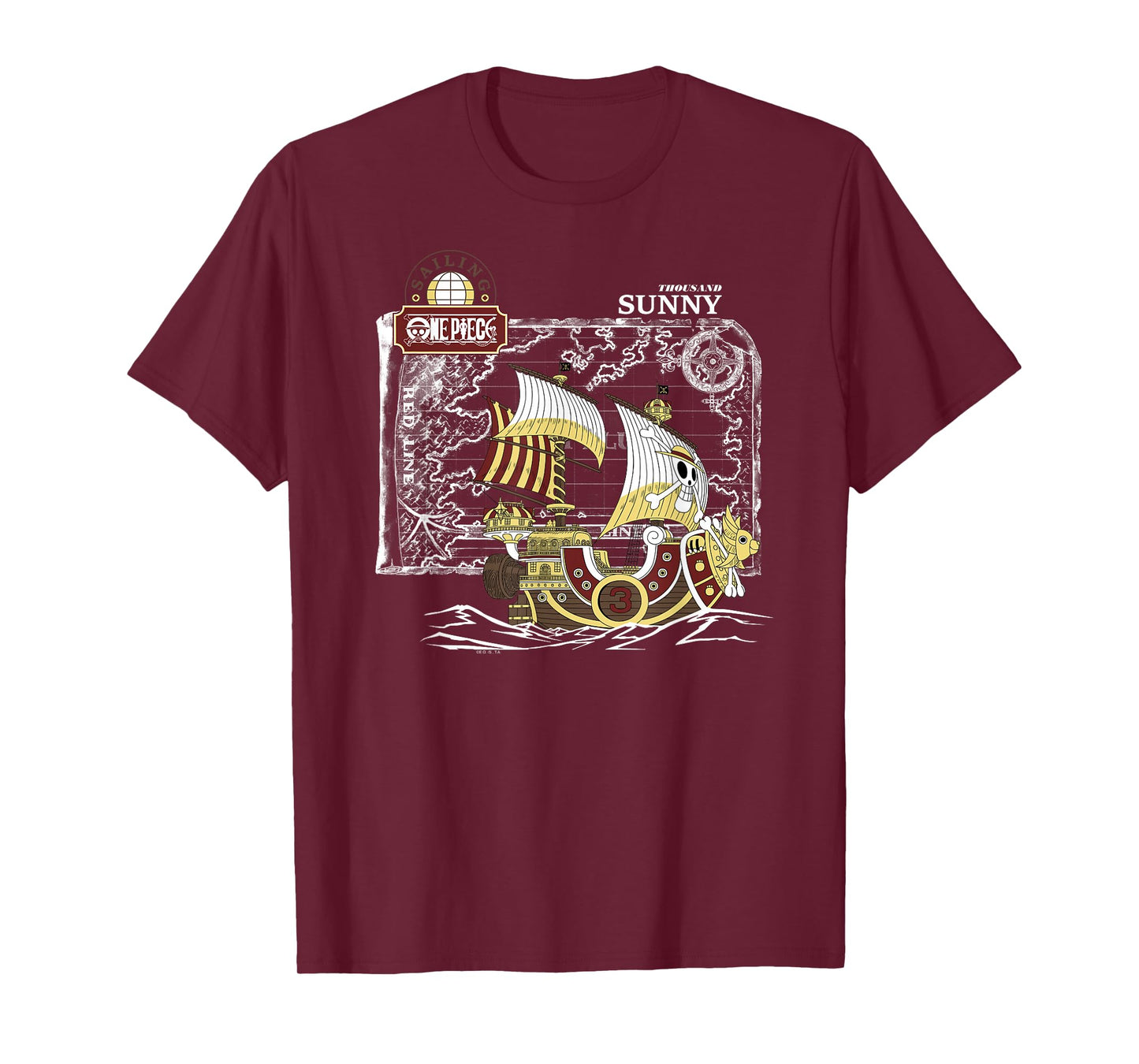 One Piece Anime Thousand Sunny Ship with Map and Logo T-Shirt