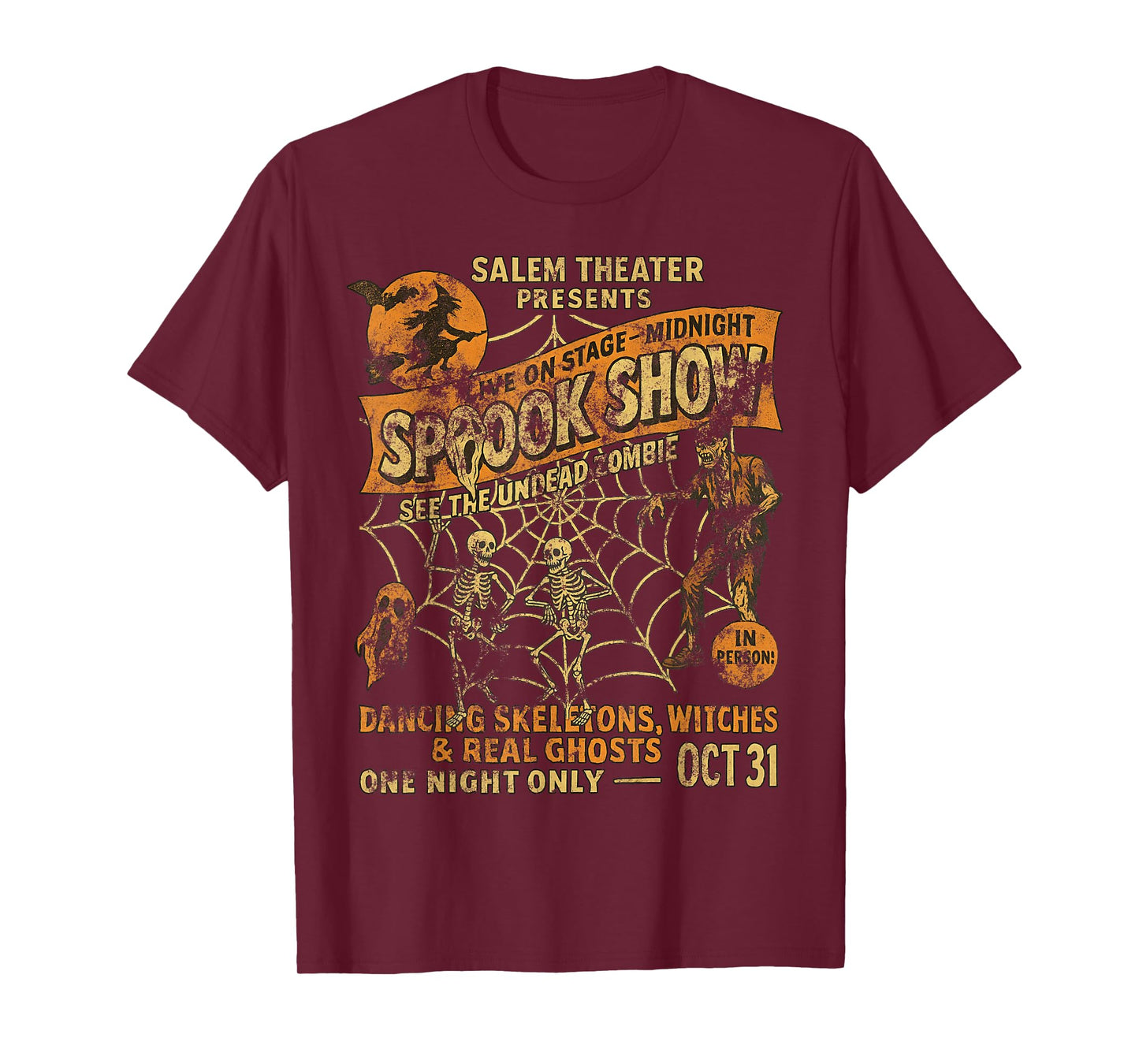 Vintage Halloween Poster Tee Witch Dancing Skeletons Monster T-Shirt