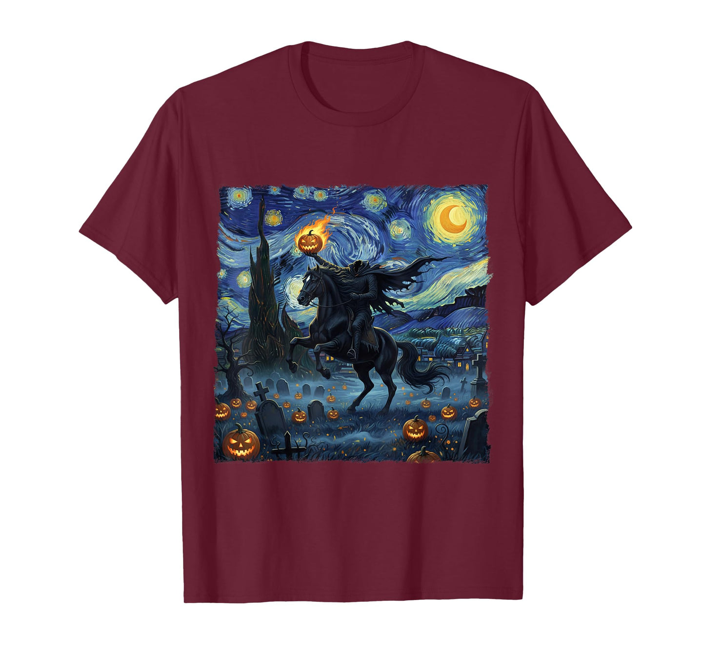 Headless Horseman Halloween Scary Pumpkin Starry Night Art T-Shirt