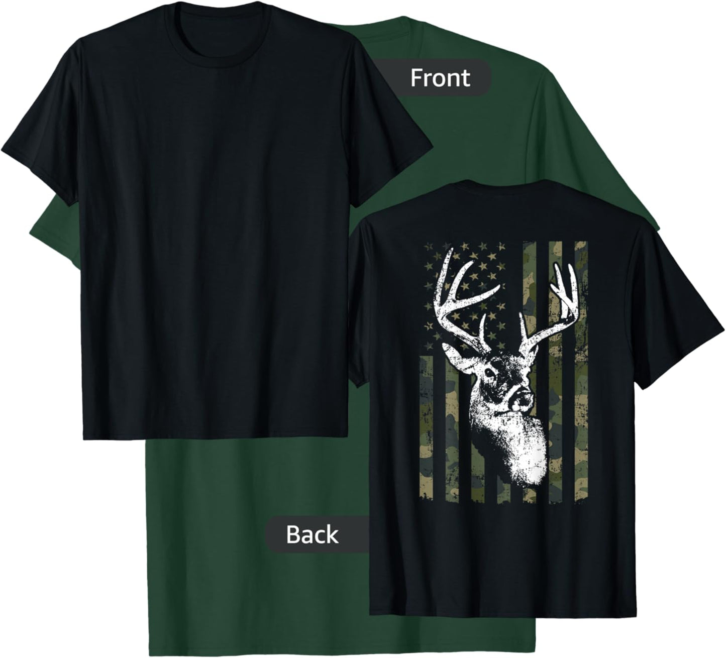 Whitetail Buck Deer Hunting USA Camouflage Flag - ON BACK T-Shirt - T-Shirt | Forest