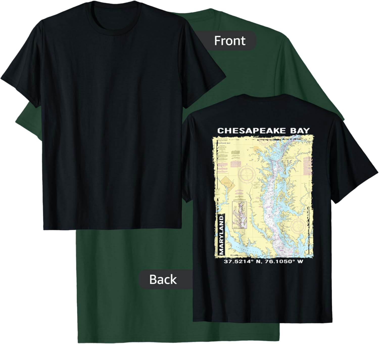 Classic Chesapeake Bay Nautical Chart T-Shirt - T-Shirt | Forest
