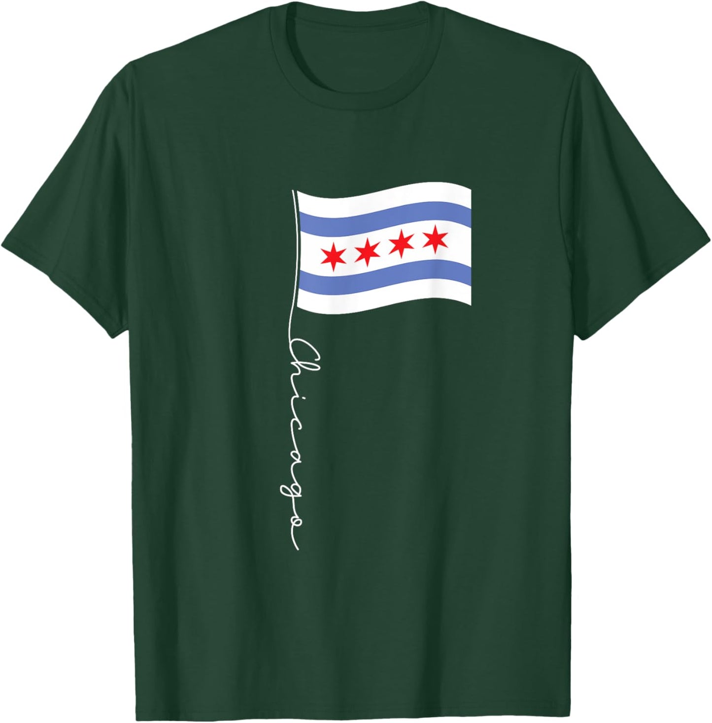 Family Heritage Gifts Chicago Signature Flag Pole - Elegant Chicagoan Flag T-Shirt - T-Shirt | Forest