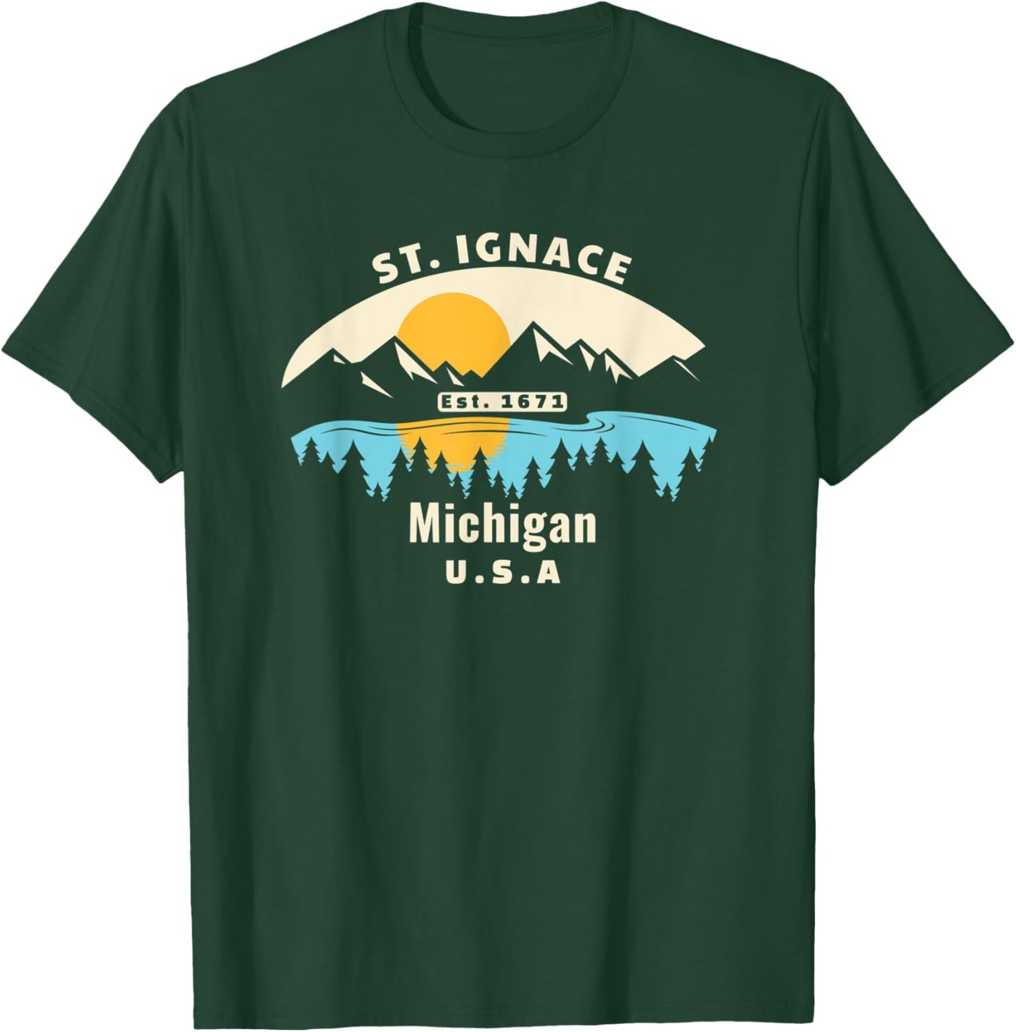 St. Ignace Michigan Souvenir Mountain Sunset River T-Shirt - T-Shirt | Forest