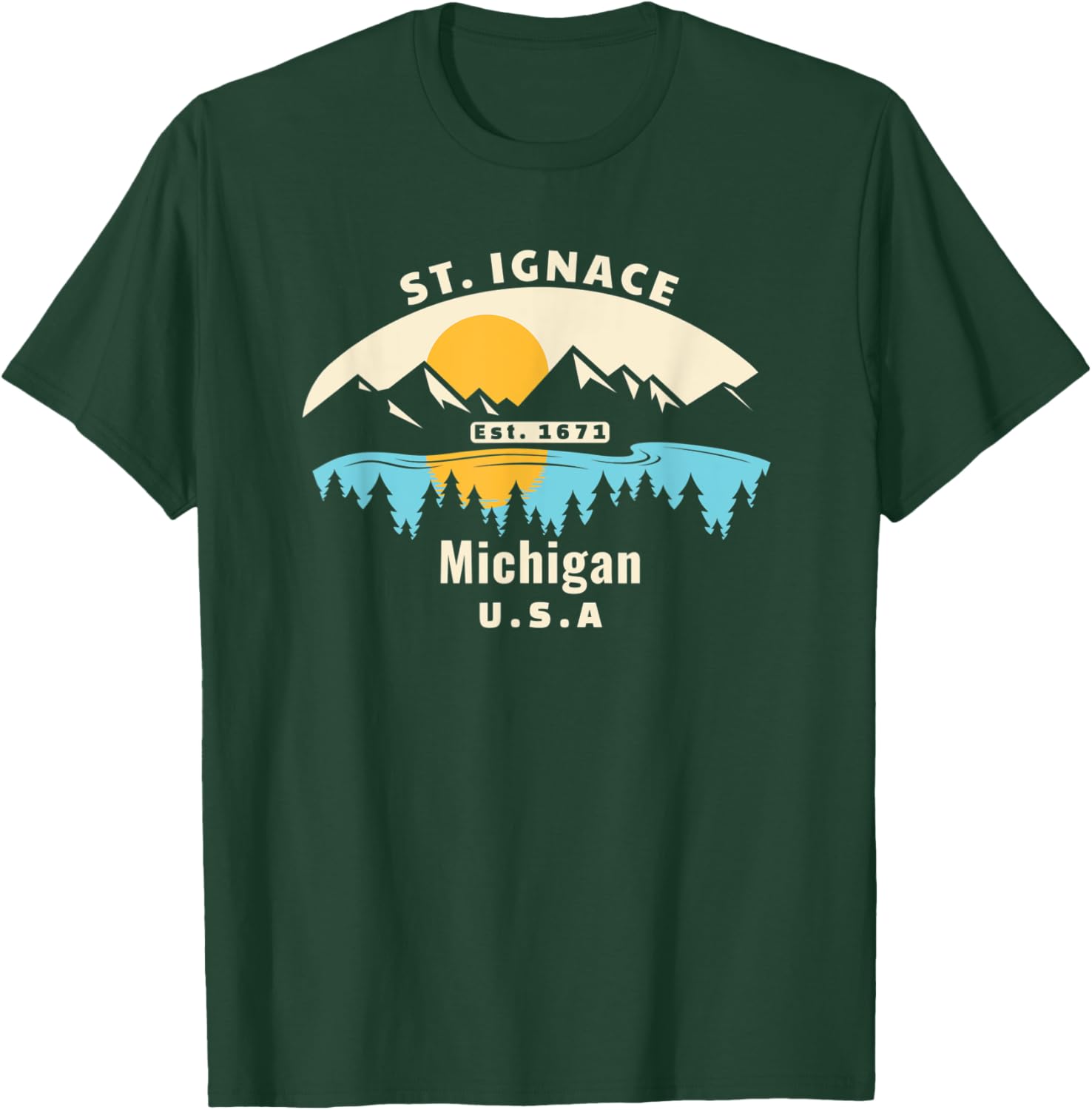 St. Ignace Michigan Souvenir Mountain Sunset River T-Shirt - T-Shirt | Forest