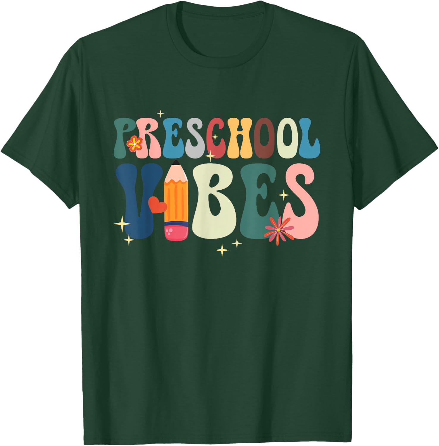 Hello Preschool Teacher Student Retro Groovy Preschool Vibes T-Shirt - T-Shirt | Forest