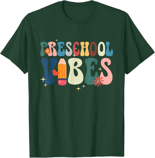 Hello Preschool Teacher Student Retro Groovy Preschool Vibes T-Shirt - T-Shirt | Forest