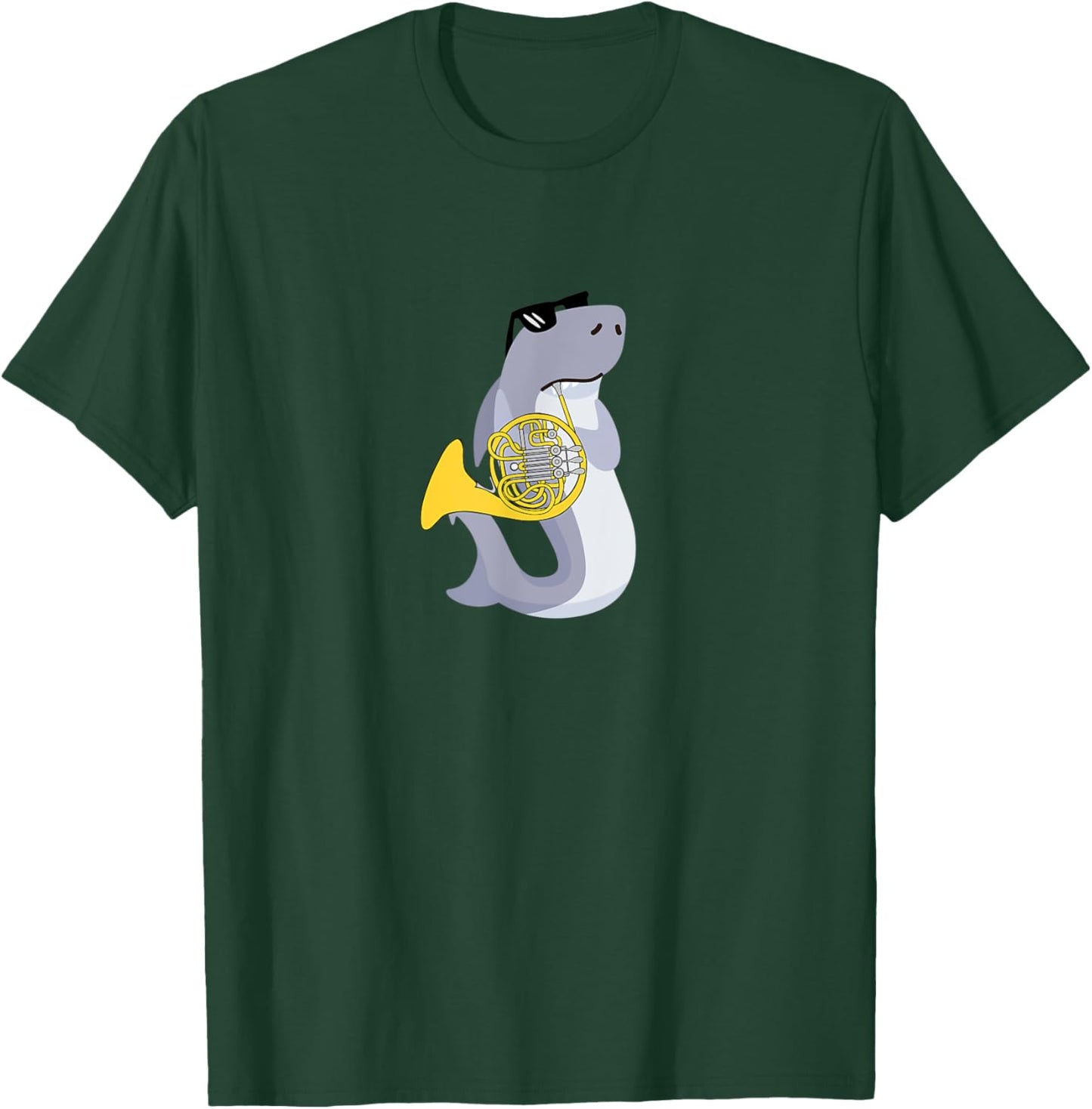 Funny Shark Wearing Sunglasses Playing French Horn T-Shirt - T-Shirt | Forest