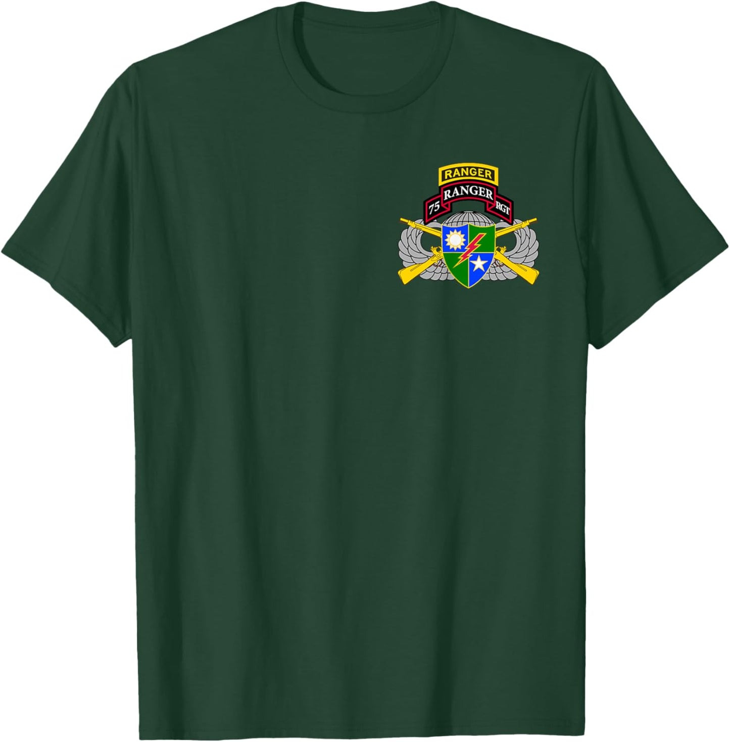 US Army Ranger - 75th Scroll, Tab, Airborne Wings, Rifles T-Shirt - T-Shirt | Forest