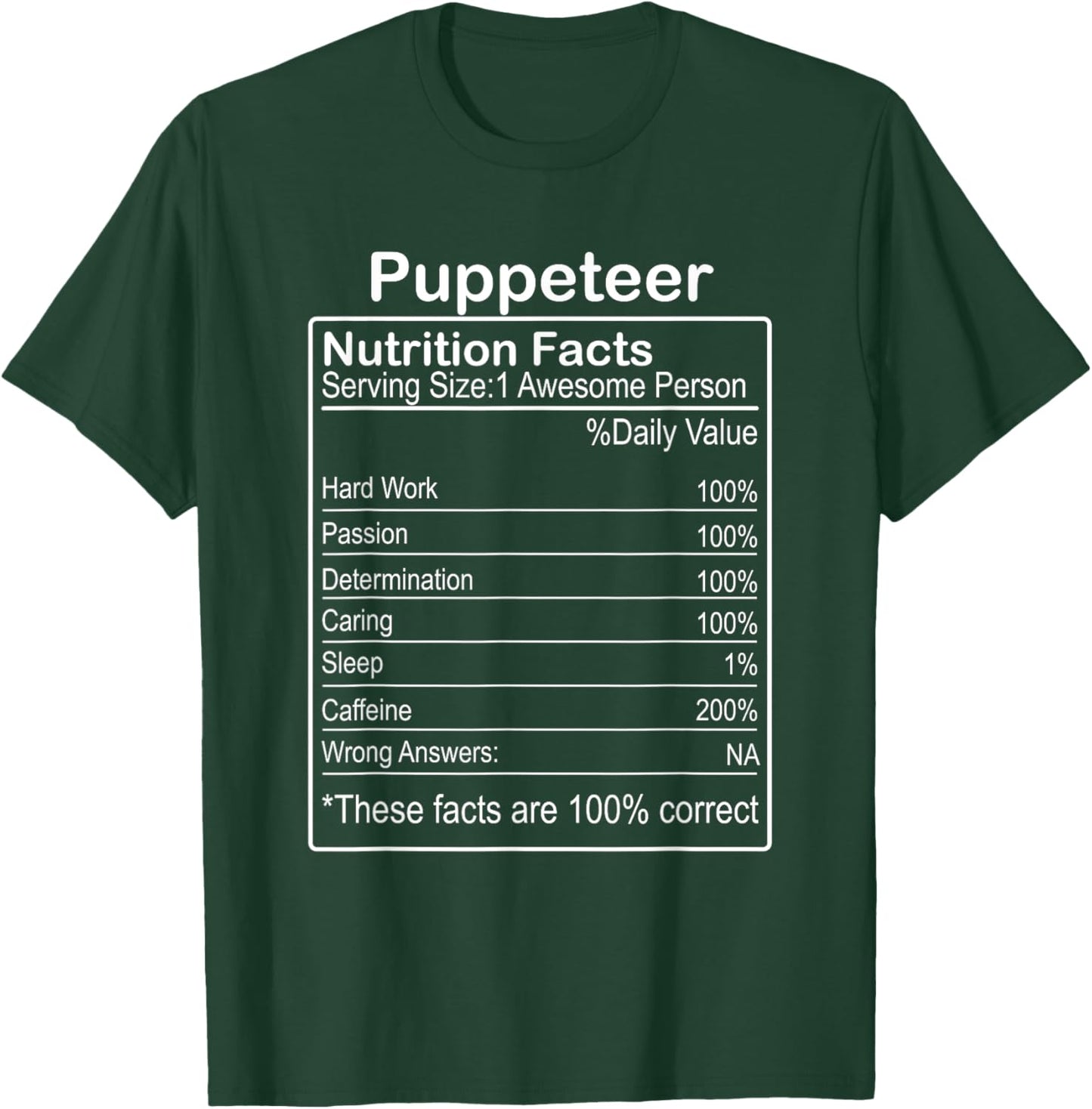 Puppeteer Nutrition Facts Funny Sarcastic T-Shirt - T-Shirt | Forest