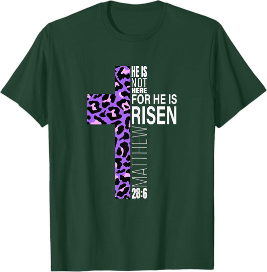 Cute Purple Christian Verse Cheetah Print Easter He Is Risen T-Shirt - T-Shirt | Forest