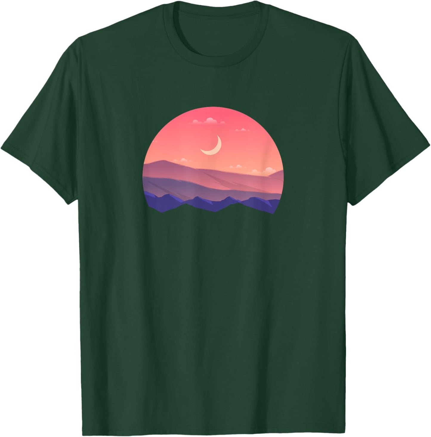 Pink Mountain and Moon Sunset Scene Silhouette T-Shirt - T-Shirt | Forest