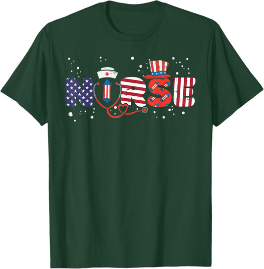 American Nurse 4th Of July Fourth Scrub Top Patriot Women RN T-Shirt - T-Shirt | Forest