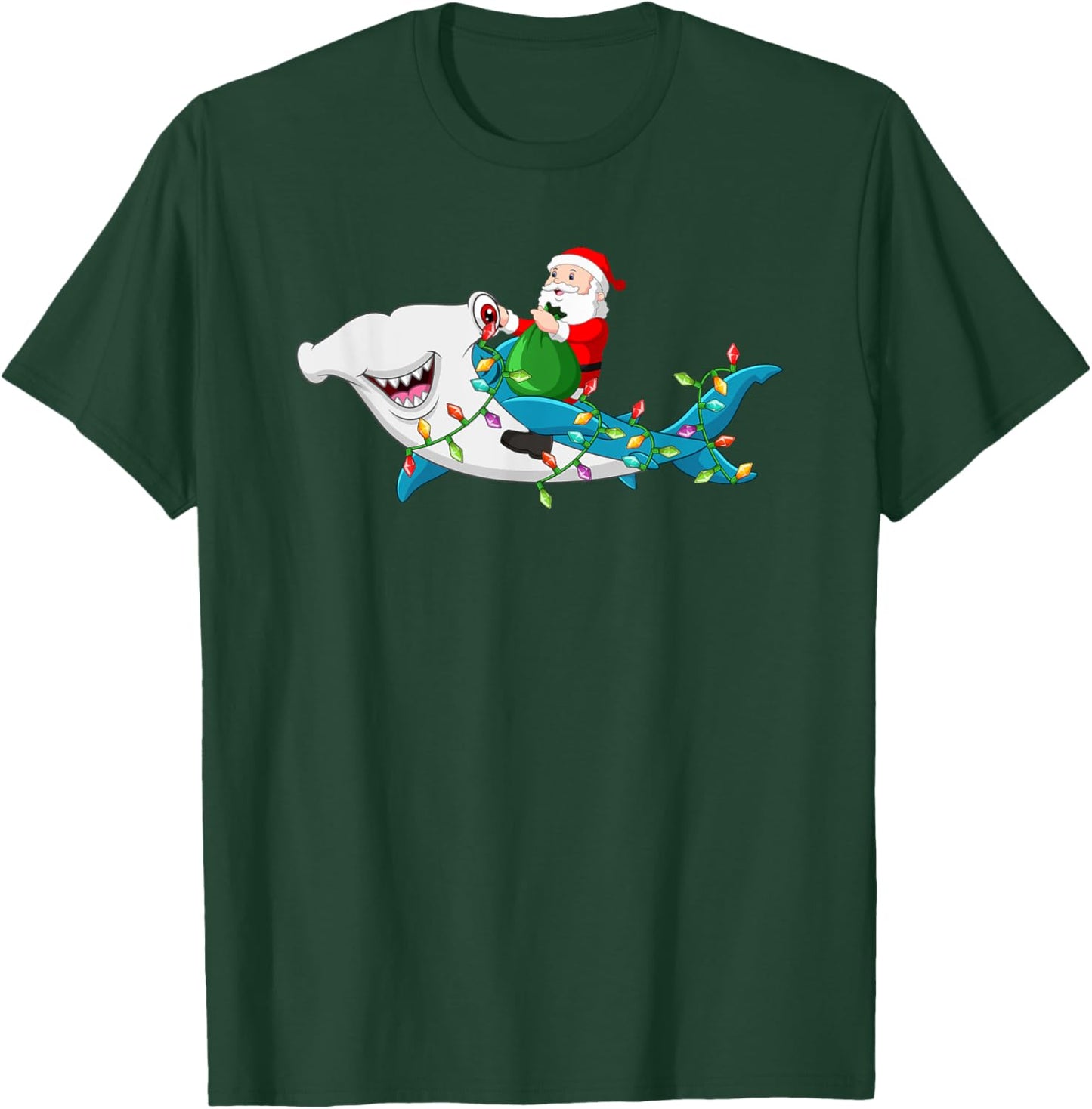 Santa Riding Hammerhead Shark Christmas Light Kids Boys Men T-Shirt - T-Shirt | Forest