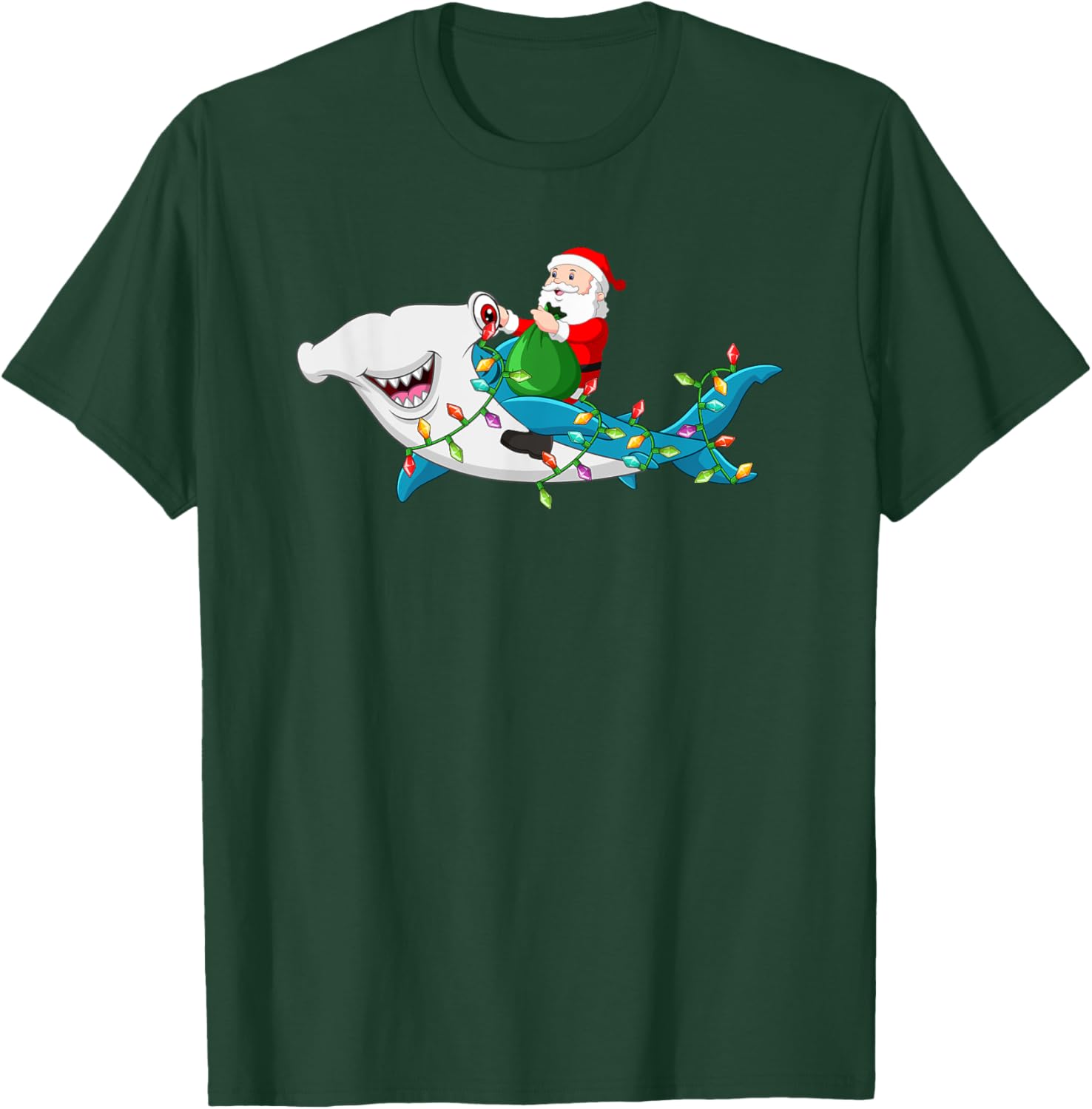 Santa Riding Hammerhead Shark Christmas Light Kids Boys Men T-Shirt - T-Shirt | Forest