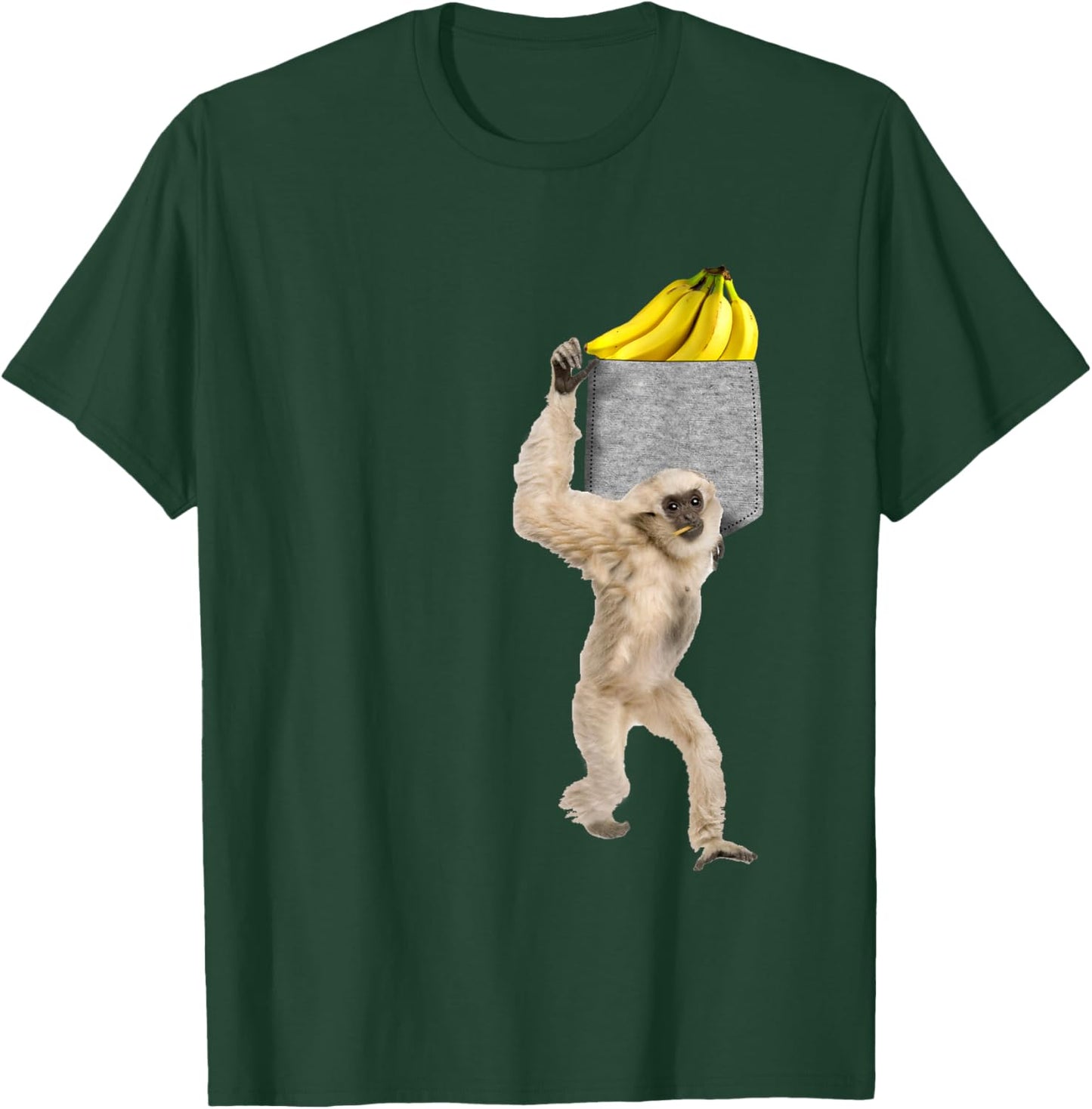 Gibbon Monkey Reaching For Banana In Fake Pocket T-Shirt - T-Shirt | Forest