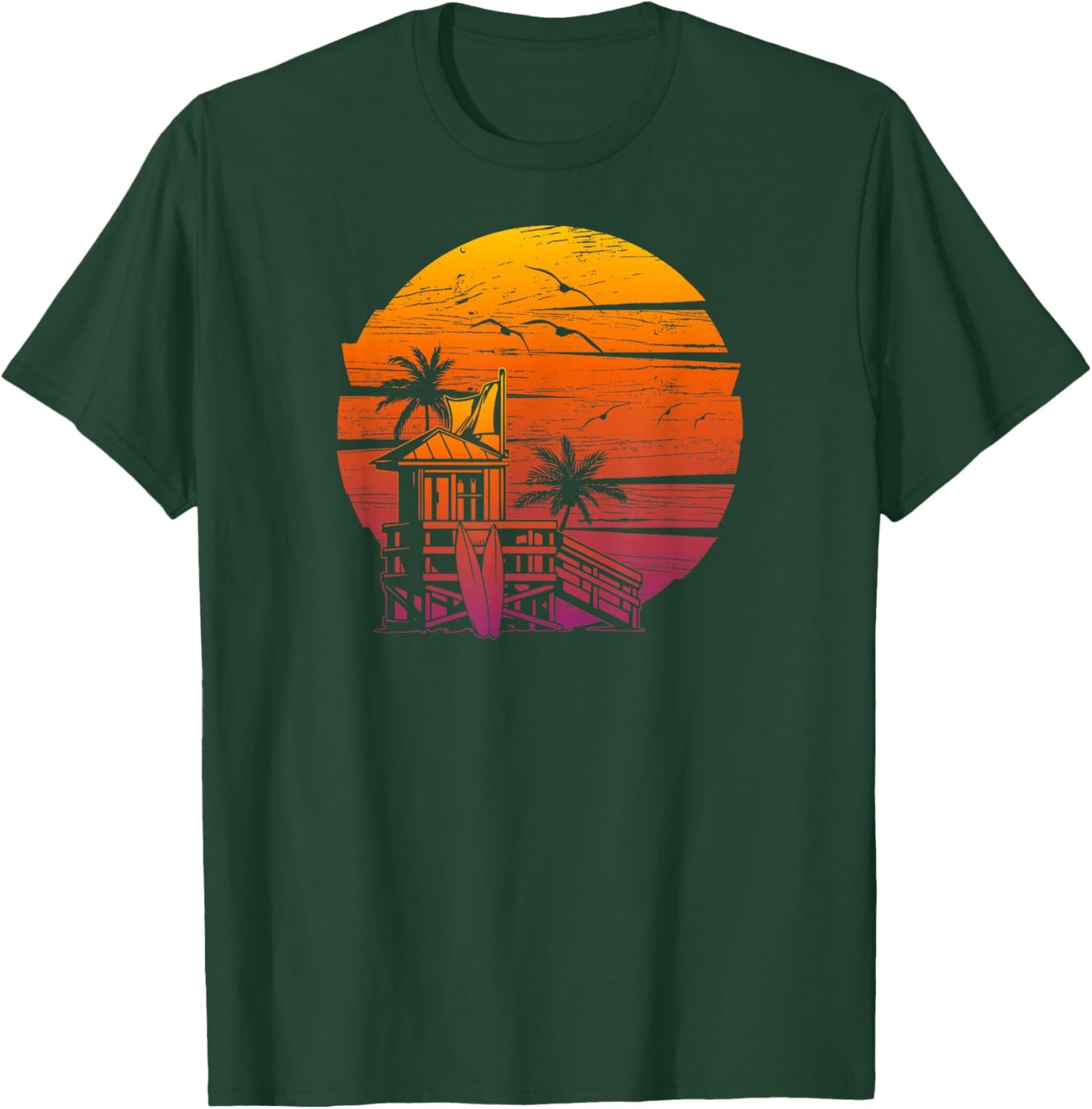 Vintage Beach Lifeguard Tower Distressed Sunset T-Shirt - T-Shirt | Forest