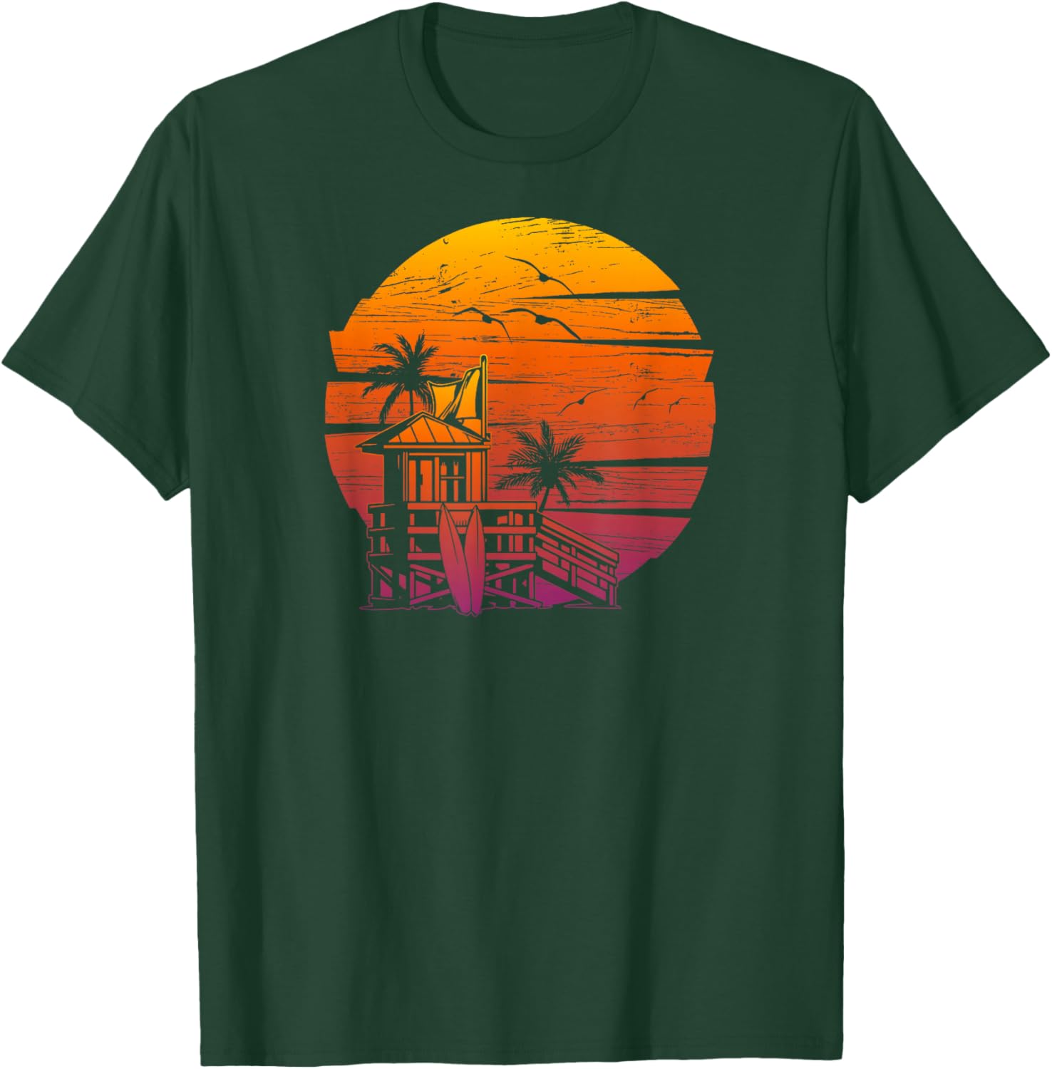 Vintage Beach Lifeguard Tower Distressed Sunset T-Shirt - T-Shirt | Forest