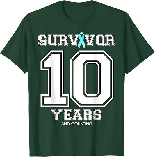 10 Years Ovarian Cancer Survivor Teal Ribbon Gift T-Shirt - T-Shirt | Forest